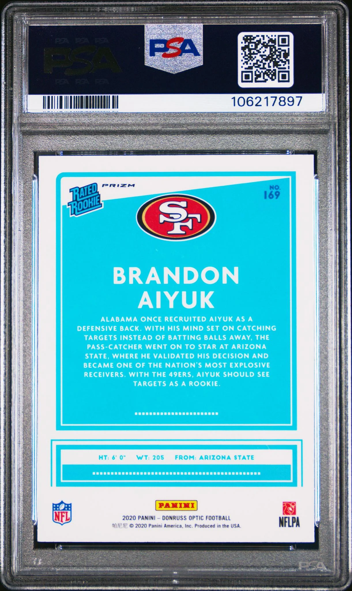2020 Donruss Optic Rated Rookie Holo Prizm Brandon Aiyuk #169 PSA 10 - Image 2