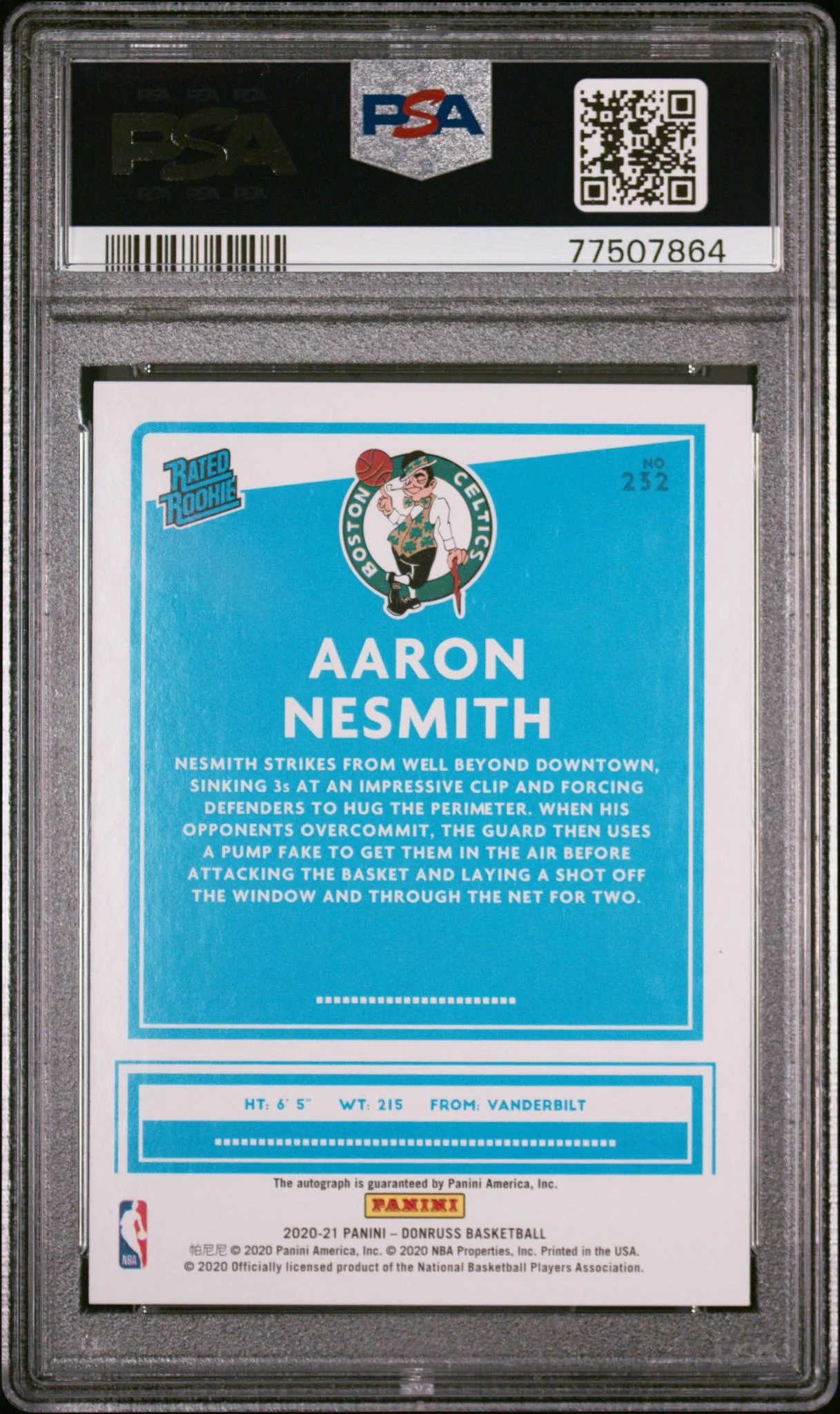 2020 Donruss Rated Rookies Signatures Red and Blue Laser Aaron Nesmith #232 /49 PSA 9 - Image 2