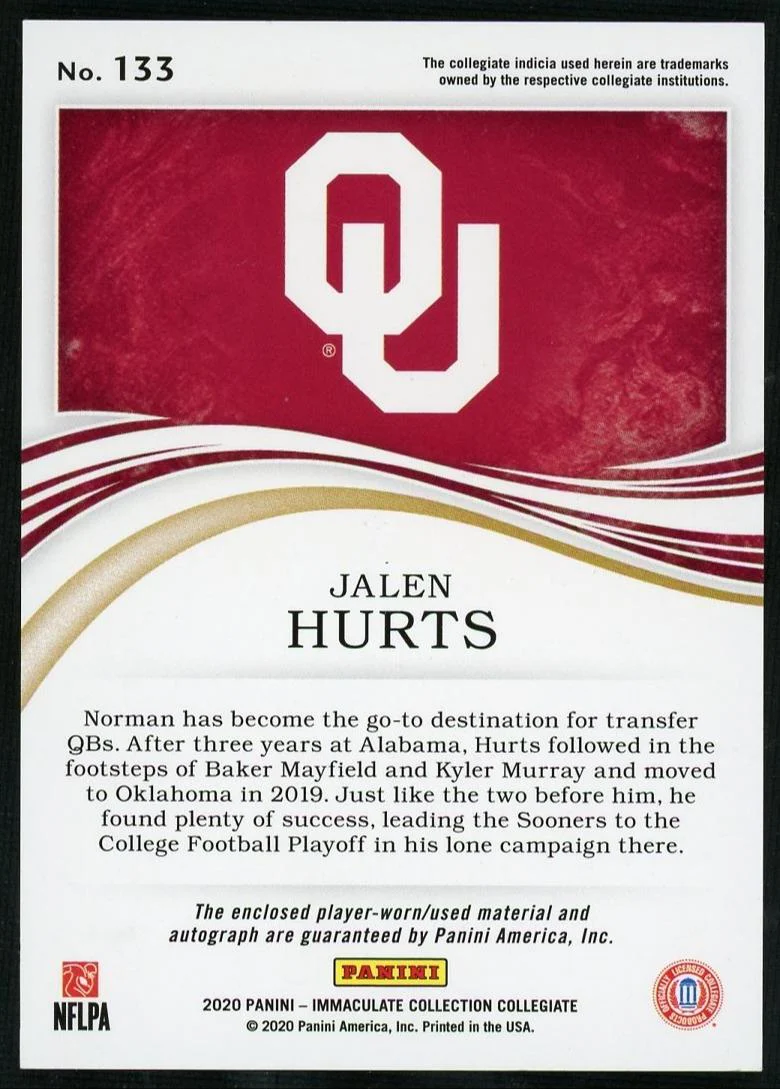 2020 Immaculate Collection Collegiate Jalen Hurts Rookie Patch Auto /99 - Image 2