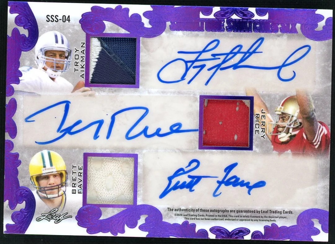 2020 Leaf SSS-04 Troy Aikman Jerry Rice Brett Favre Signature Swatches Six 3/3 Auto - Image 2