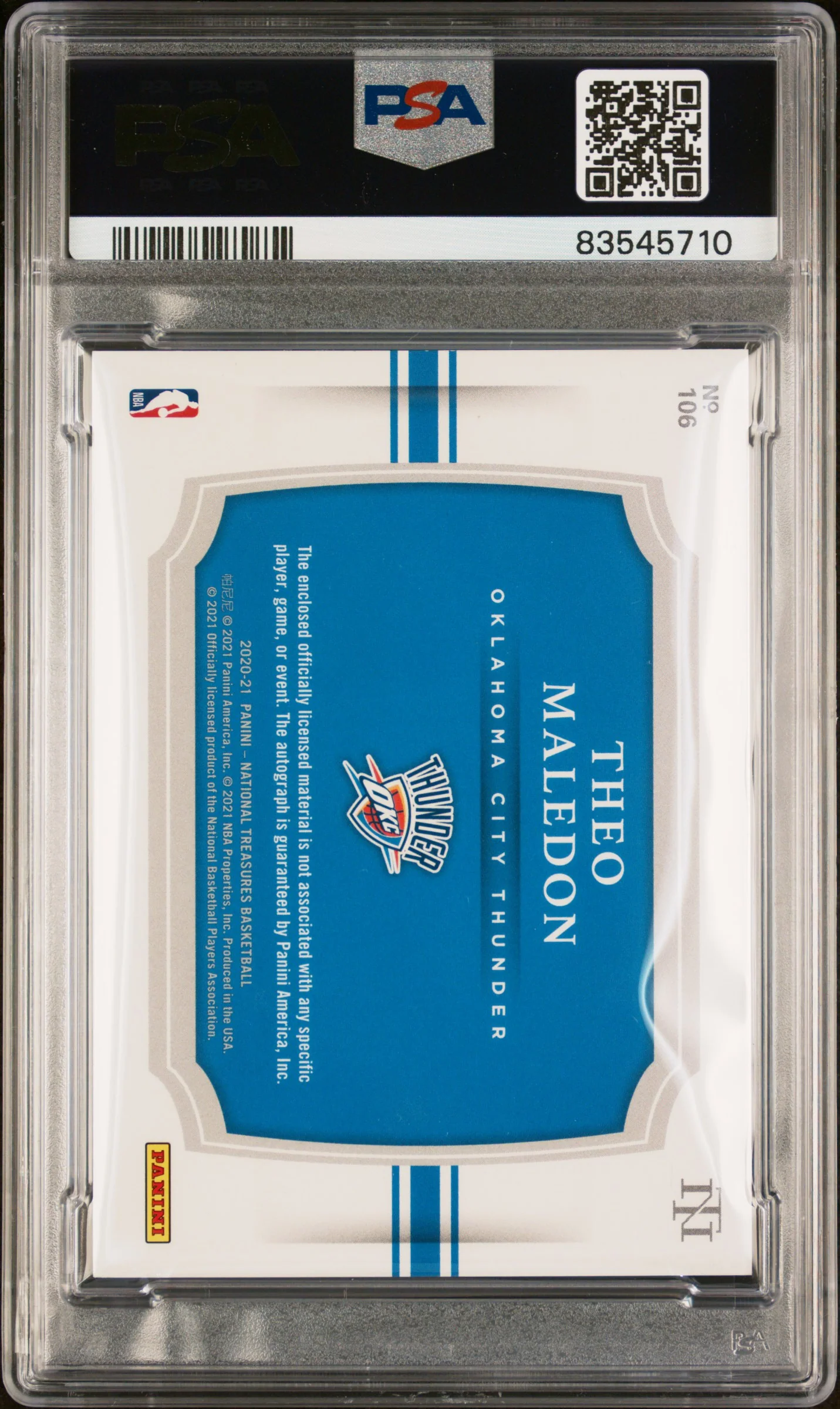 2020 Panini National Treasures Theo Maledon #106 RC Patch Auto /75 PSA 10 - Image 2