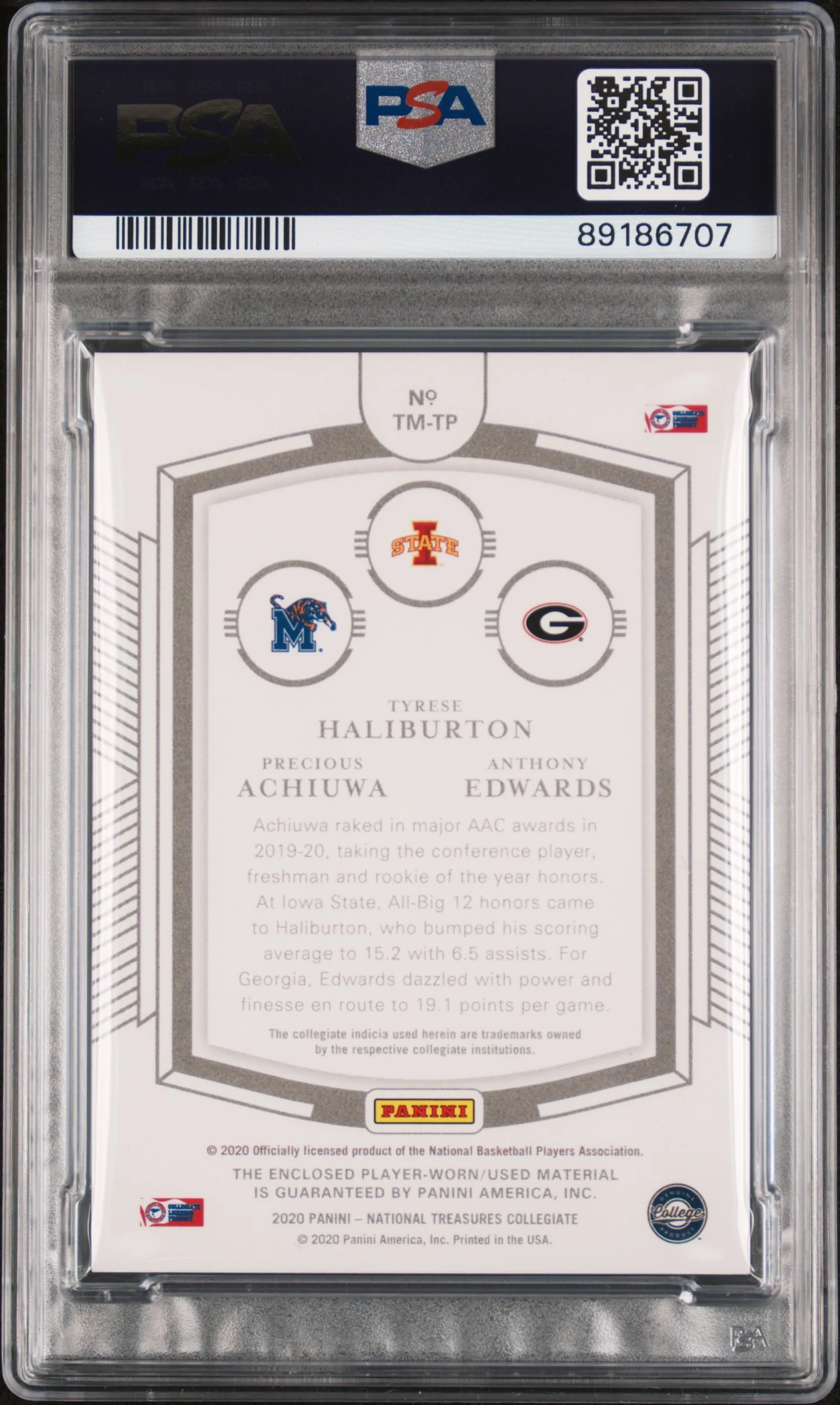 2020 National Treasures # Tyrese Haliburton Precious Achiuwa Anthony Edwards Trios Memorabilia-Prime 5/5 PSA 9 - Image 2