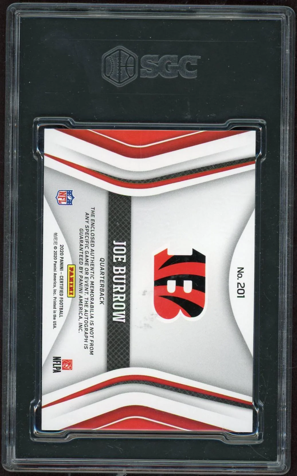 2020 Panini Certified 201 Joe Burrow Freshman Fabric Rookie /199 SGC 9 Mint Bengals Auto - Image 2