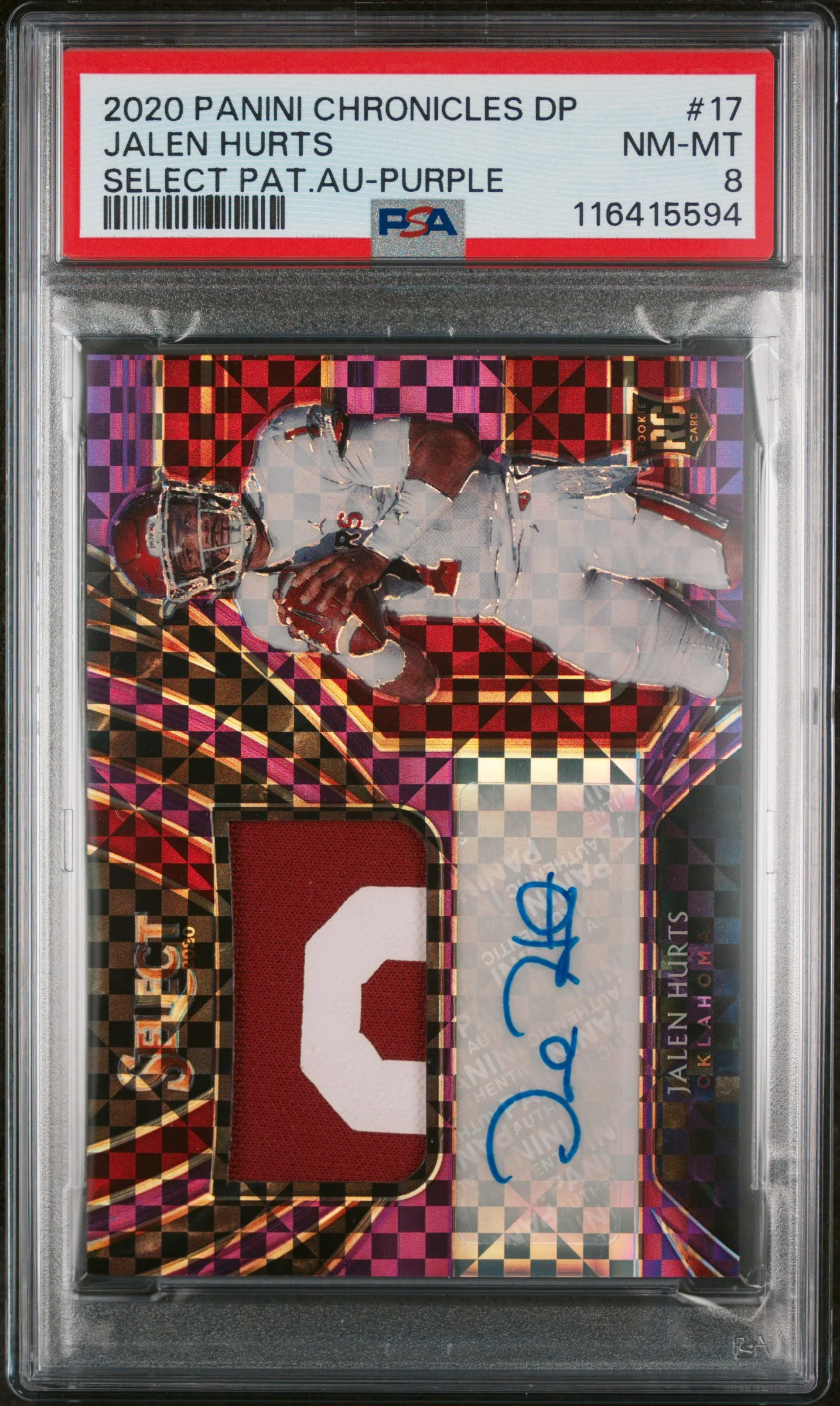 2020 Panini Chronicles Draft Picks Select Patch Autographs Purple Jalen Hurts #17 /20 PSA 8