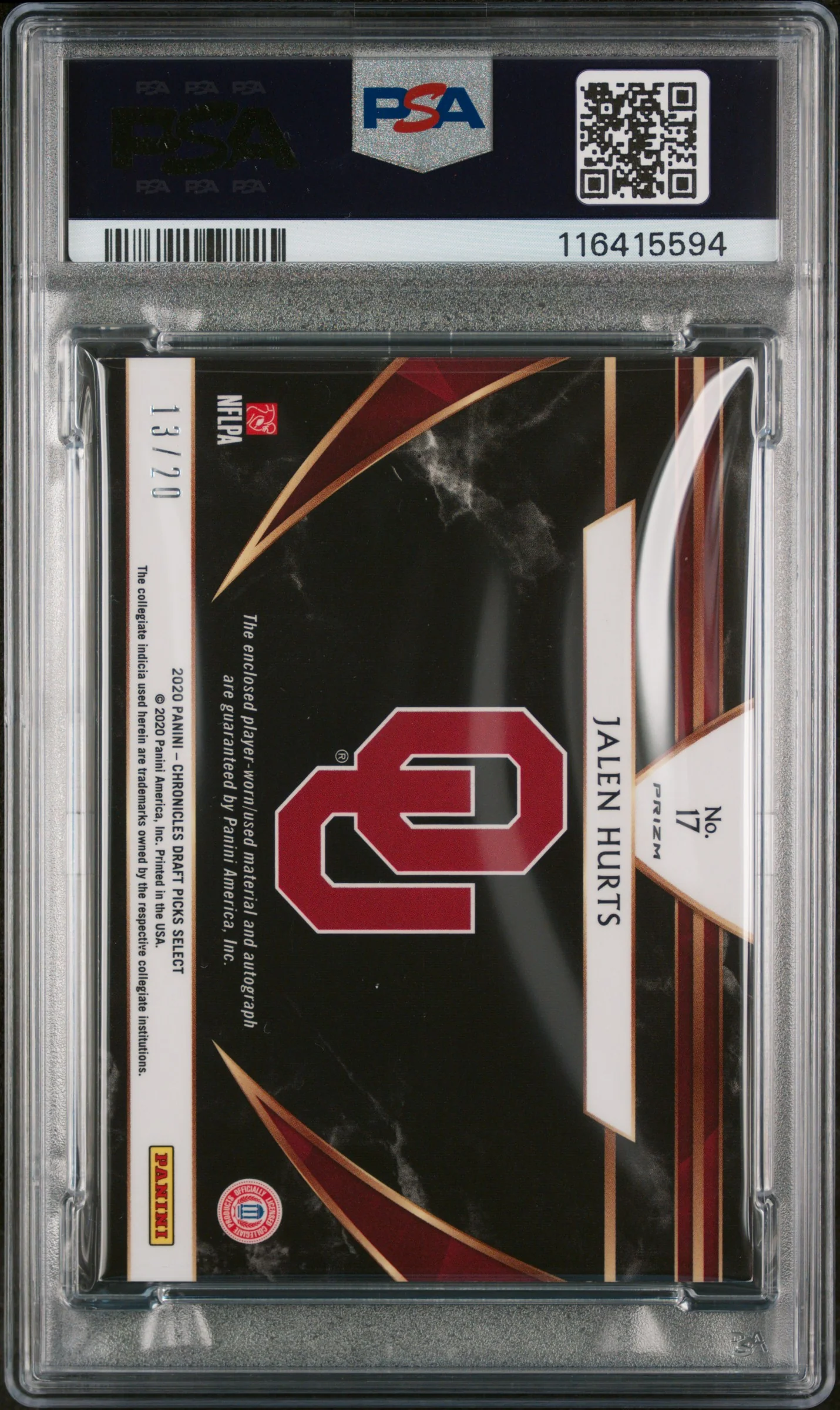 2020 Panini Chronicles Draft Picks Select Patch Autographs Purple Jalen Hurts #17 /20 PSA 8 - Image 2