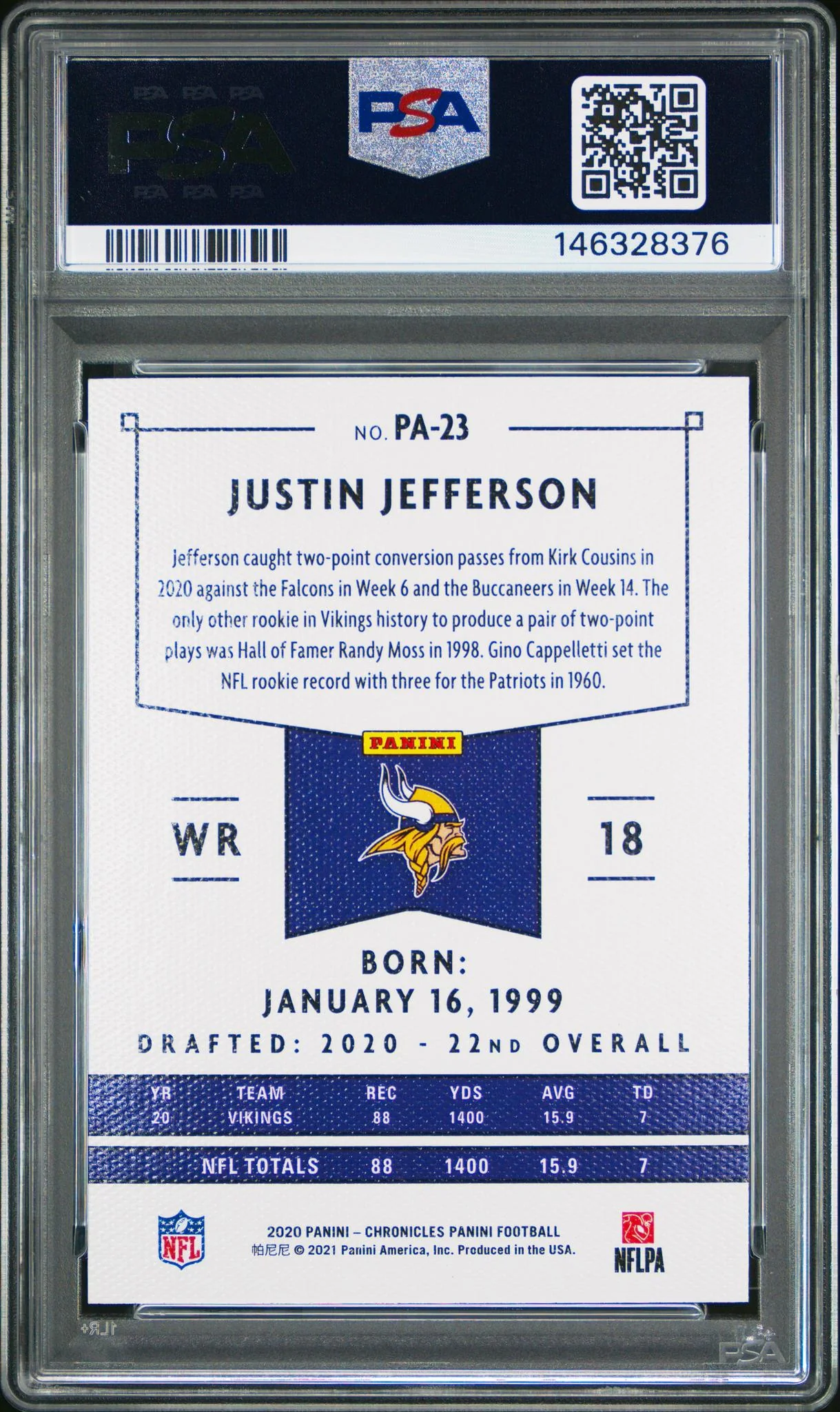 2020 Panini Chronicles Panini Justin Jefferson #23 PSA 10 - Image 2