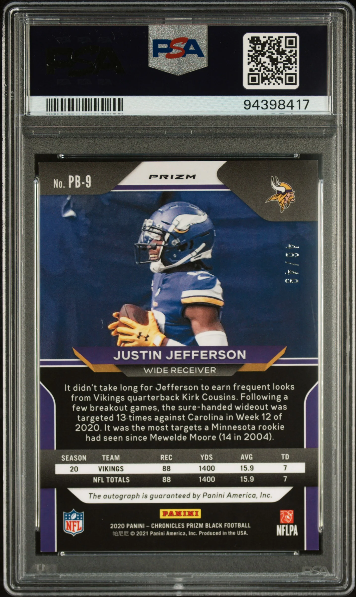 2020 Panini Chronicles Prizm Black Signature-Green Justin Jefferson #PB9 /49 PSA 9 - Image 2