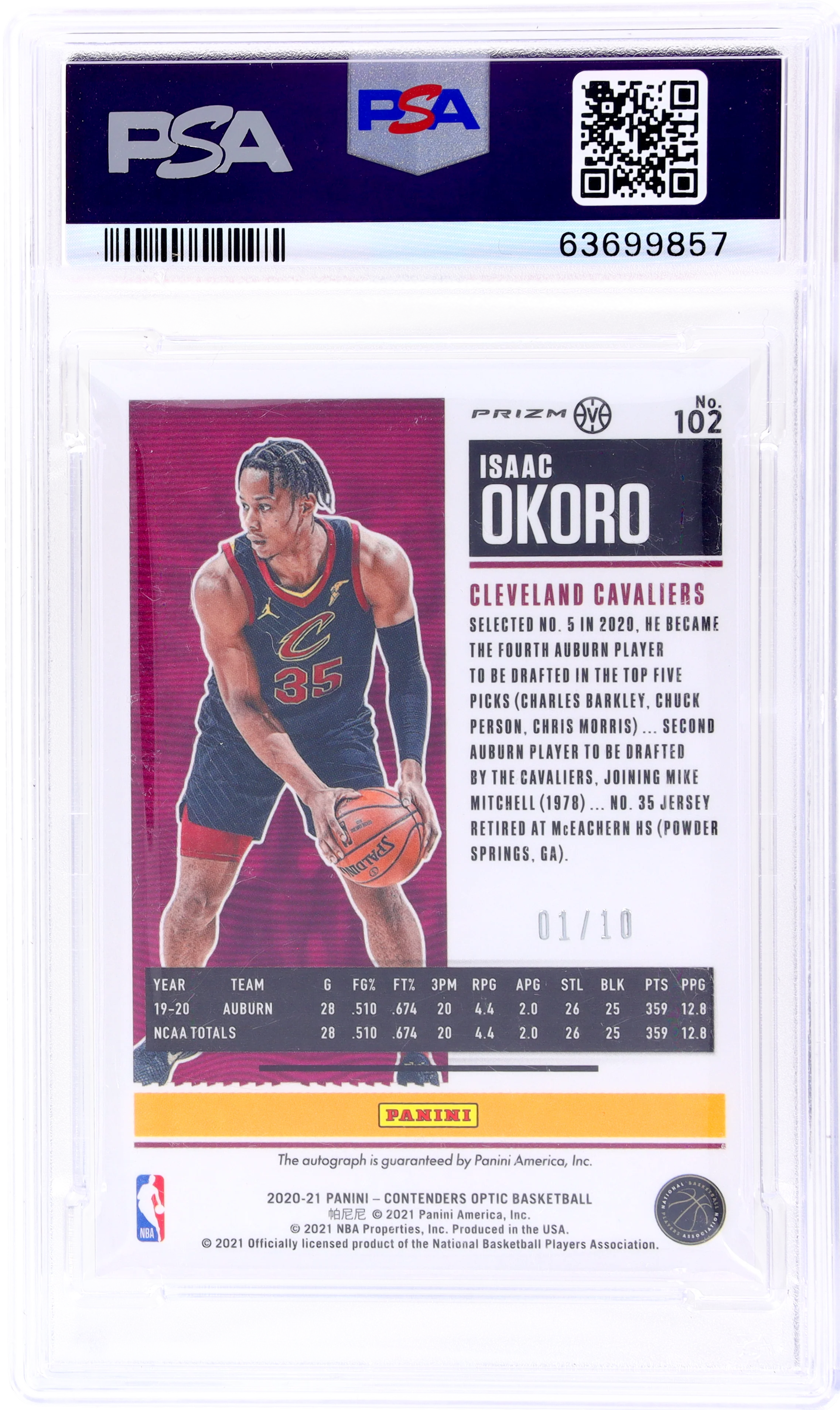 2020 Panini Contenders Optic Gold Isaac Okoro #102 RC Auto /10 PSA 9 Auto 10 - Image 2