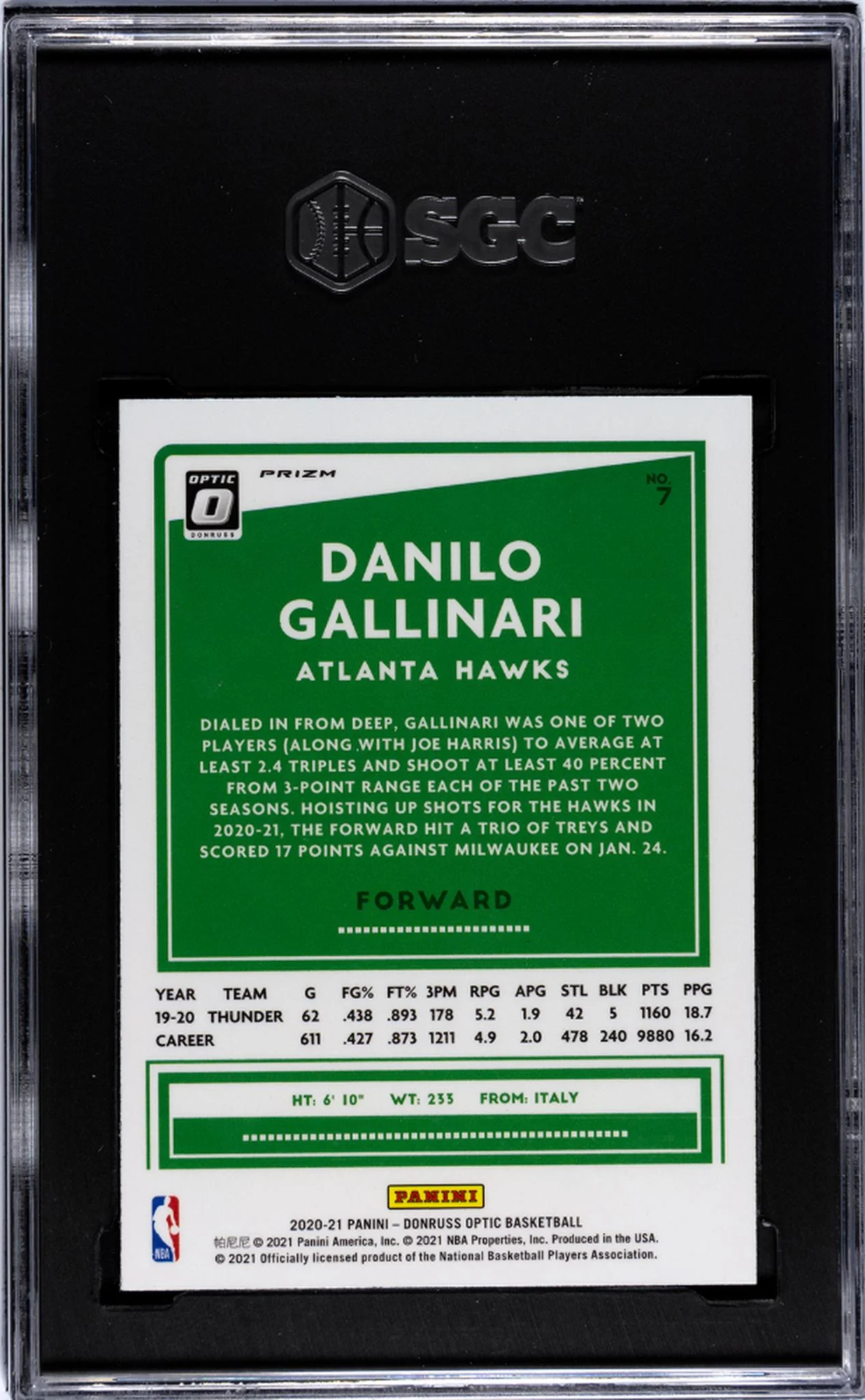 2020 Panini Donruss Optic Holo Fast Break Prizm Danilo Gallinari #7 SGC 9.5 - Image 2