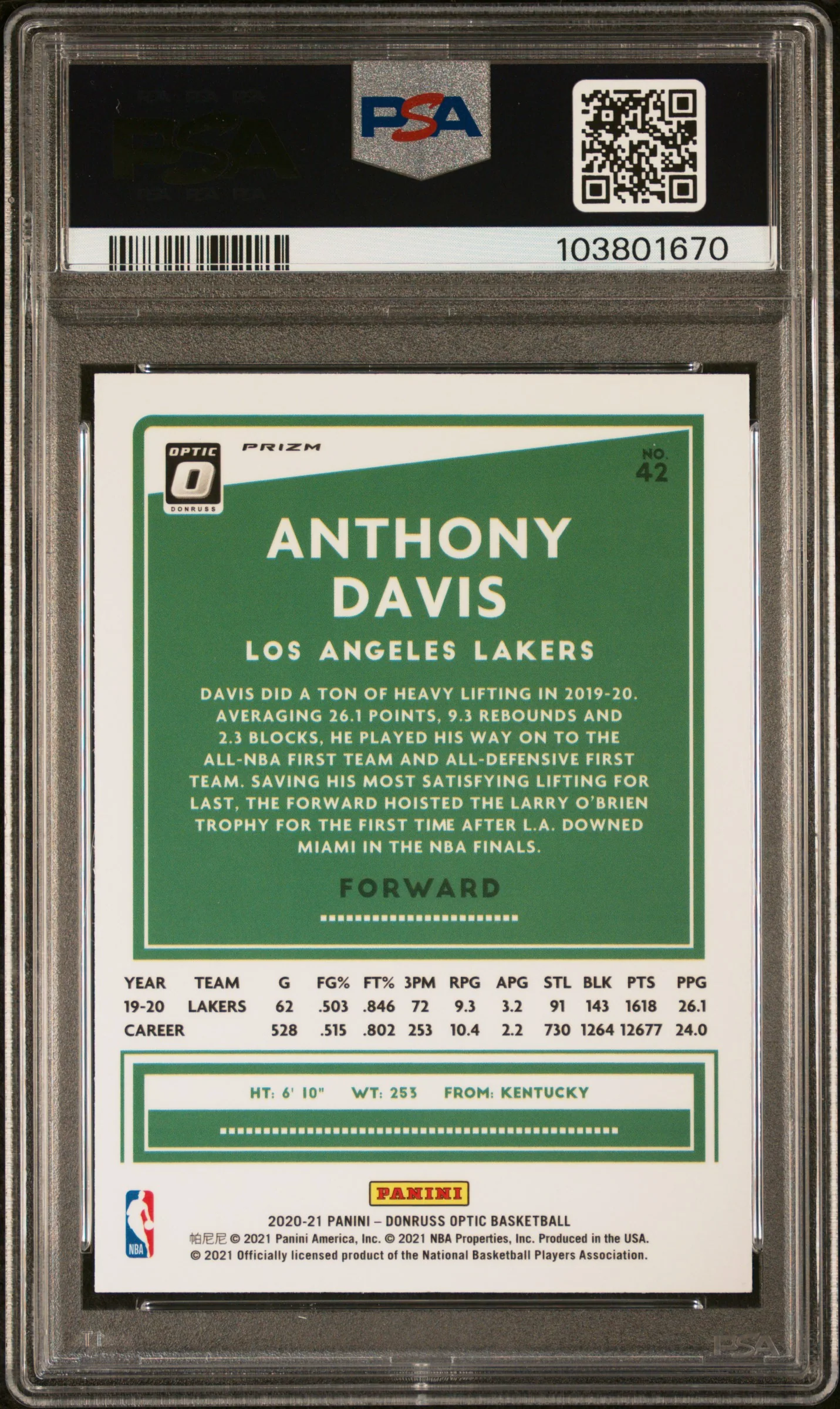 2020 Panini Donruss Optic Photon Anthony Davis #42 PSA 9 - Image 2