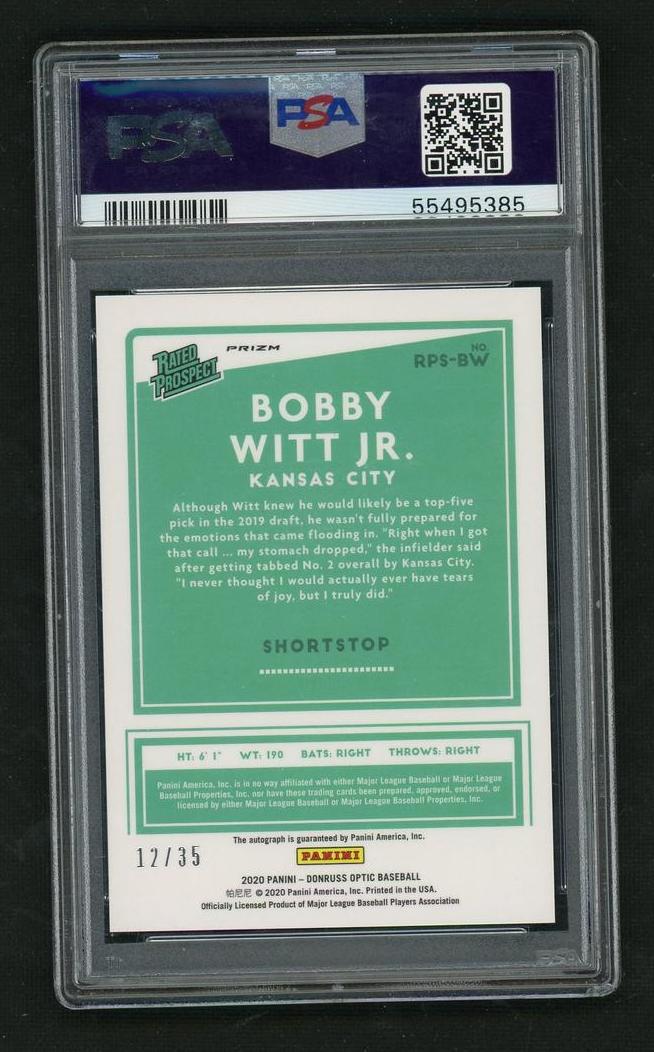 2020 Panini Donruss Optic RPS-BW Bobby Witt Jr. Rated Prospect Sig - Black /35 PSA 10 Gem Mint Kansas City Auto - Image 2