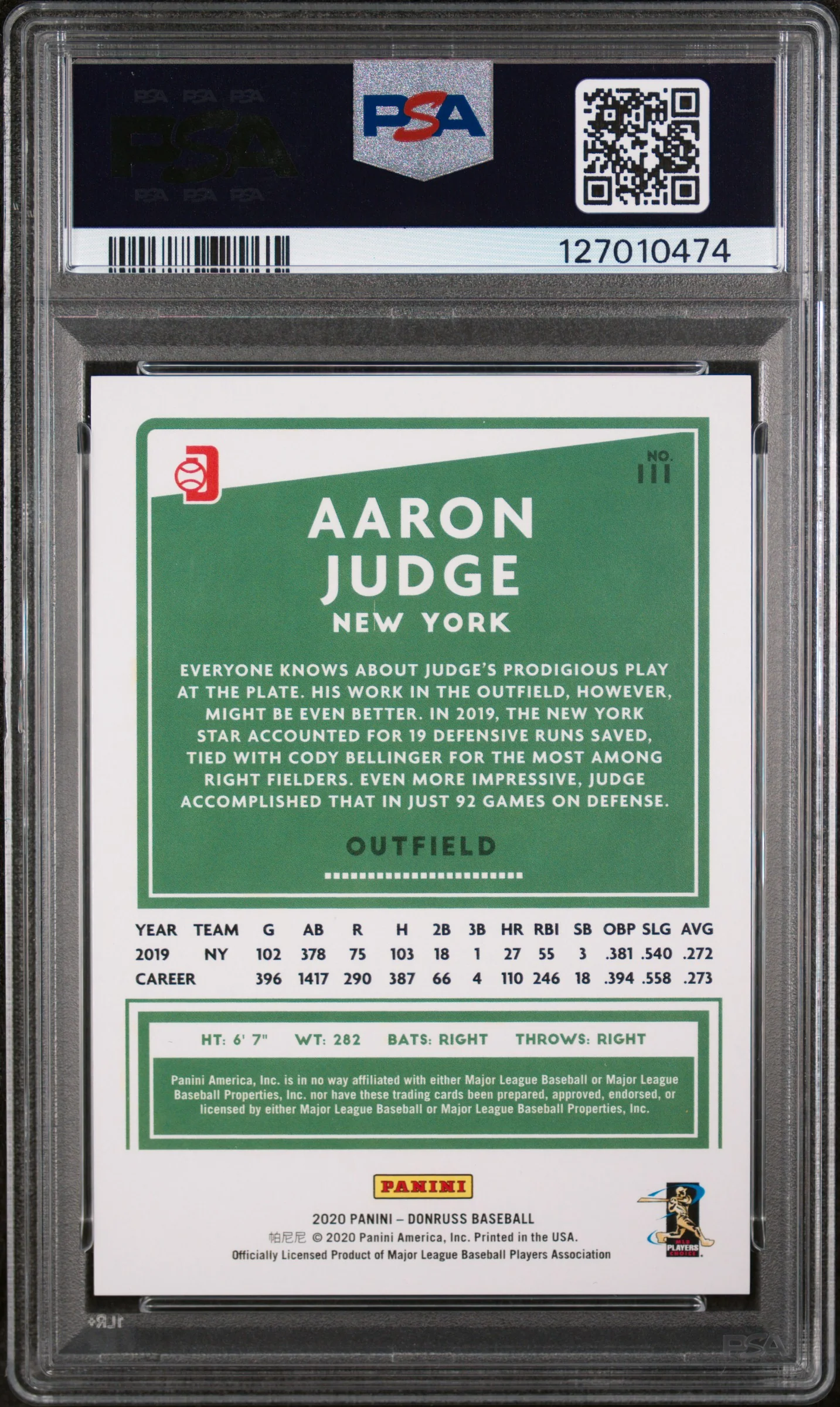 2020 Panini Donruss Sp-Milestone Stat Line Aaron Judge #111 /350 PSA 9 - Image 2