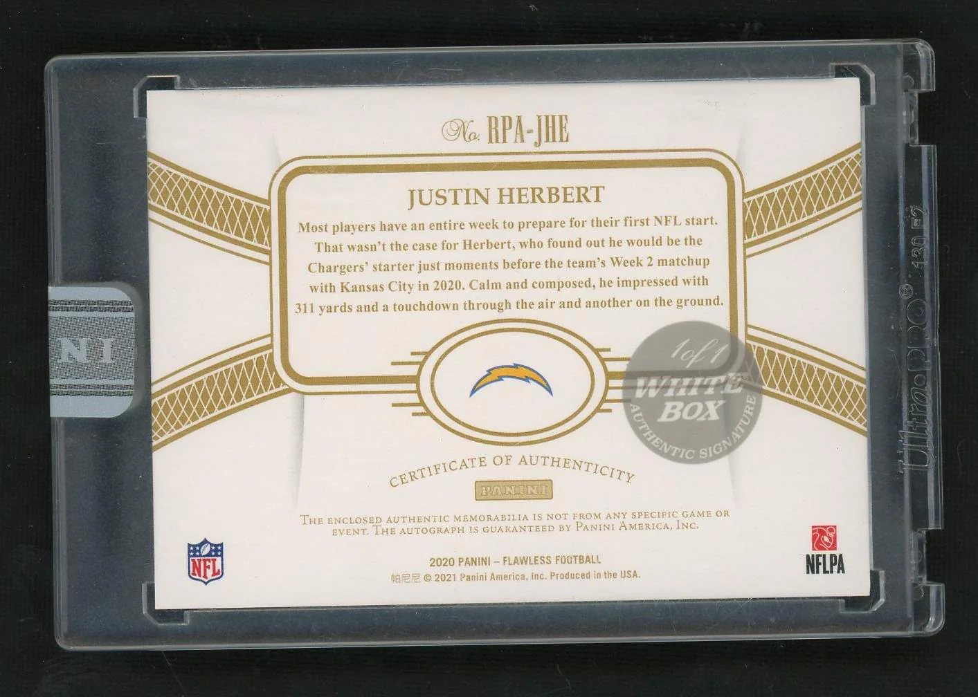 2020 Panini Flawless Justin Herbert #RPA-JHE RC RPA 1/1 White Box - Image 2