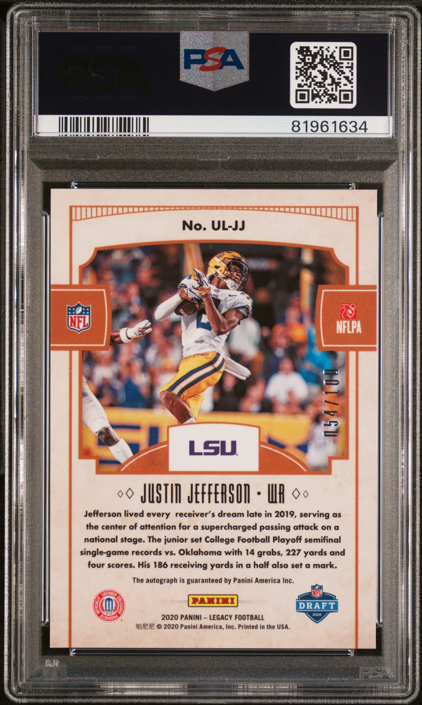 2020 Panini Legacy Under the Lights Autograph Bronze Justin Jefferson #ULJJ /100 PSA 10 - Image 2