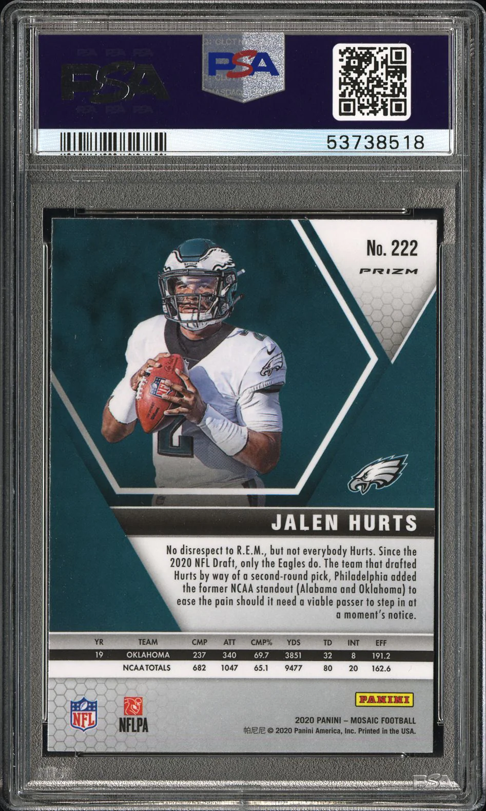 2020 Panini Mosaic Reactive Gold Mosaic Jalen Hurts #222 PSA 10 - Image 2