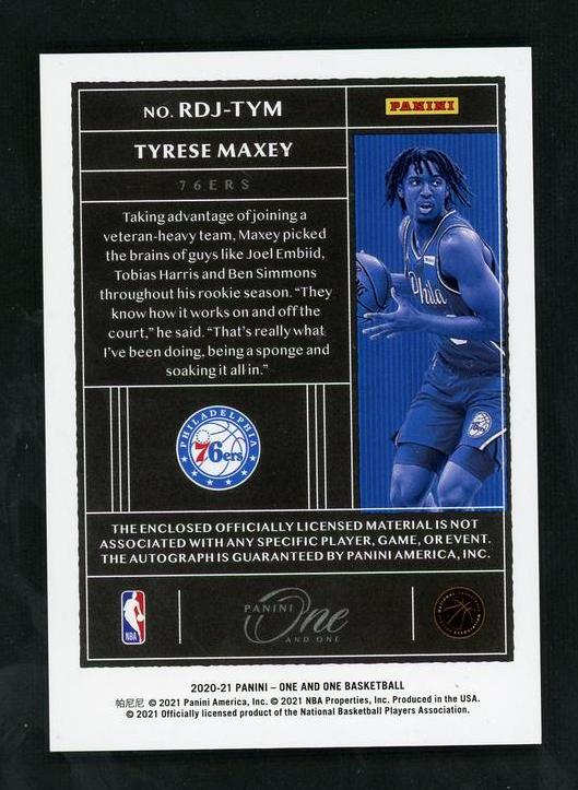 2020 Panini One and One RDJ-TYM Tyrese Maxey Rookie VG Philadelphia 76ers Auto - Image 2