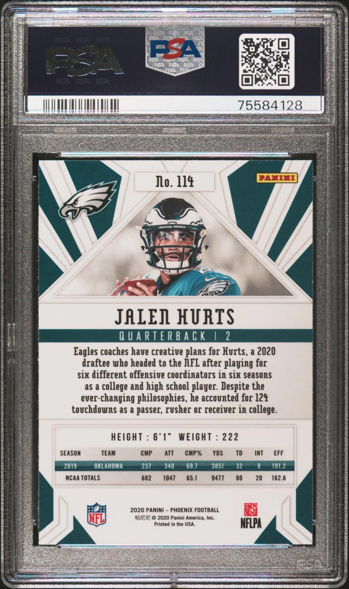 2020 Panini Phoenix Fire Burst Jalen Hurts #114 PSA 10 - Image 2