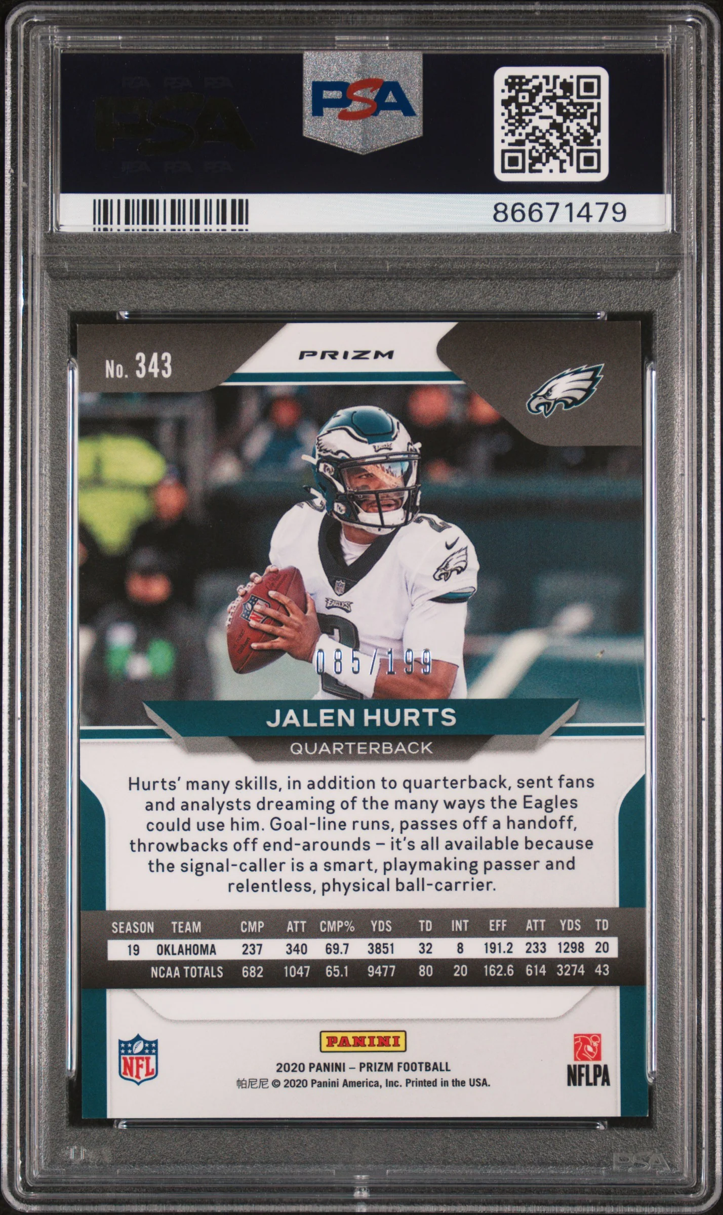 2020 Panini Prizm Blue Wave Prizm Jalen Hurts #343 /199 PSA 10 - Image 2
