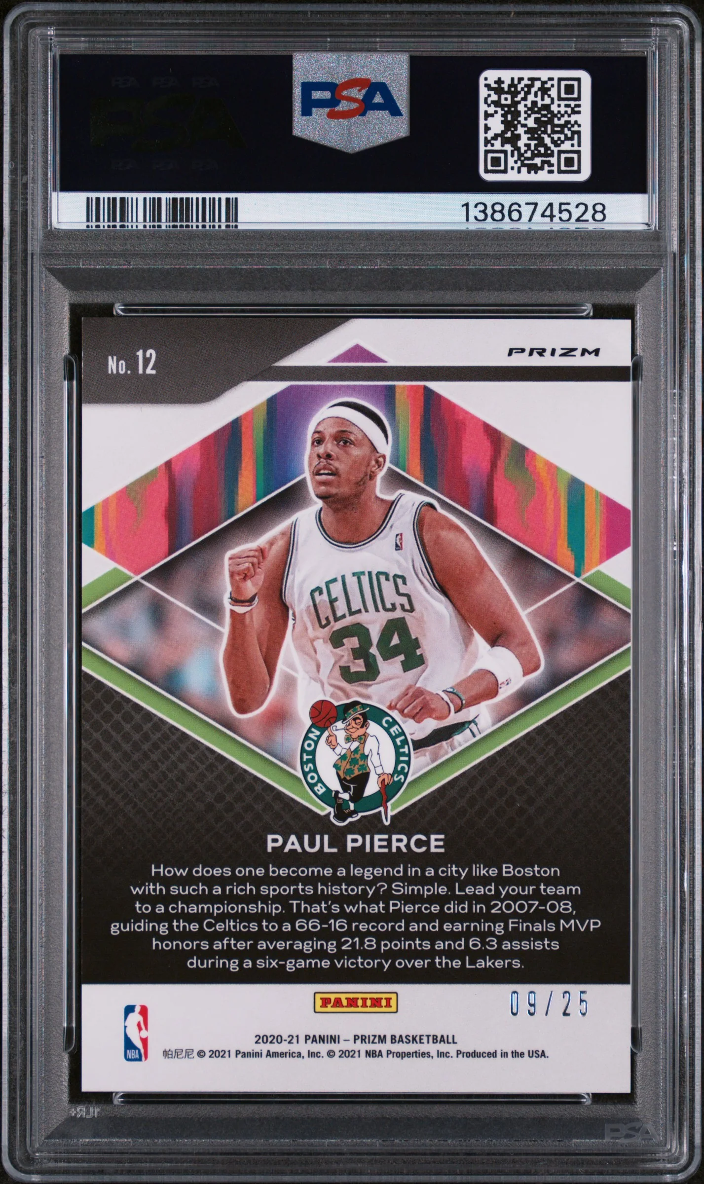 2020 Panini Prizm Fearless Mojo Prizm Paul Pierce #12 /25 PSA 9 - Image 2