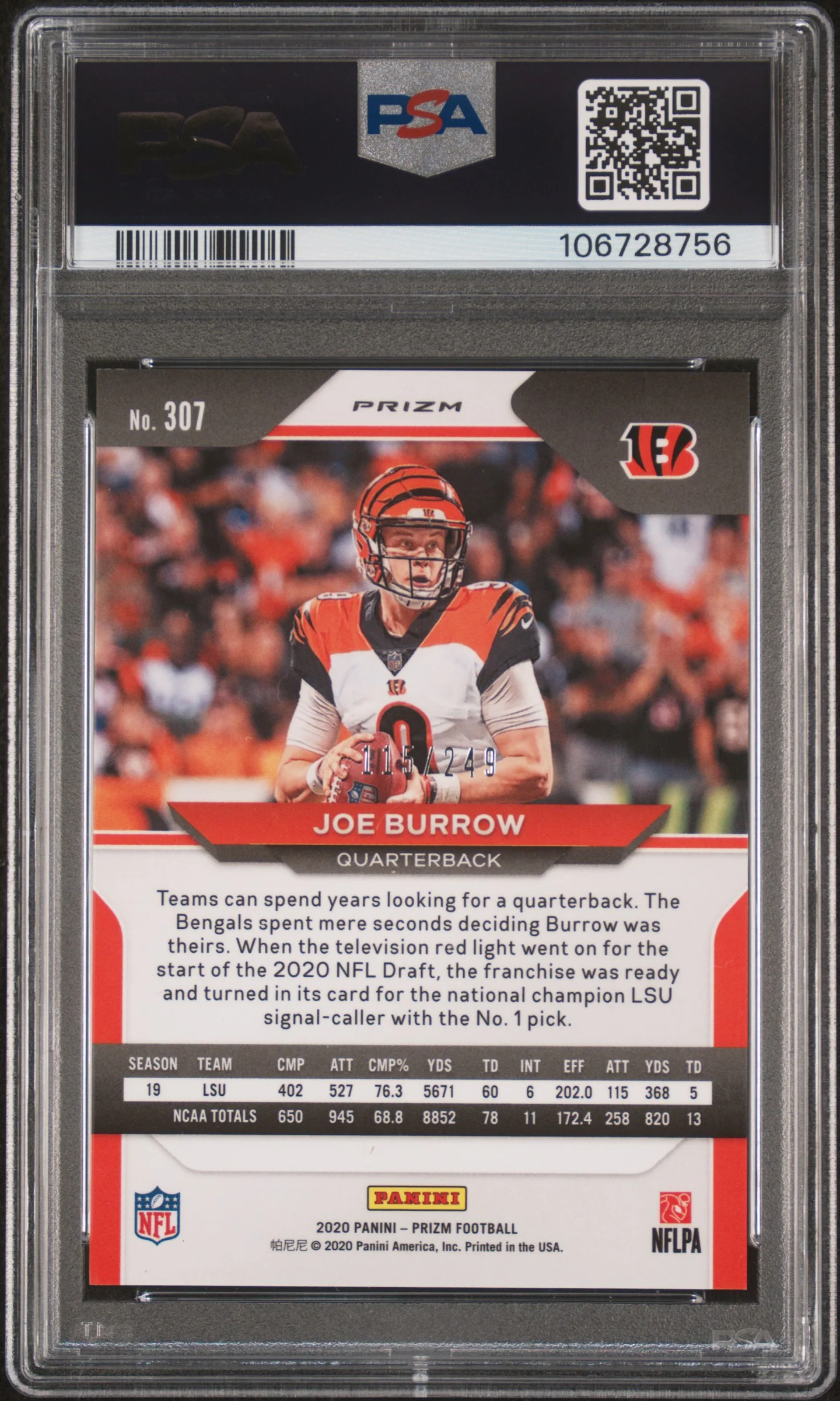 2020 Panini Prizm Orange Prizm Joe Burrow #307 /249 PSA 10 - Image 2