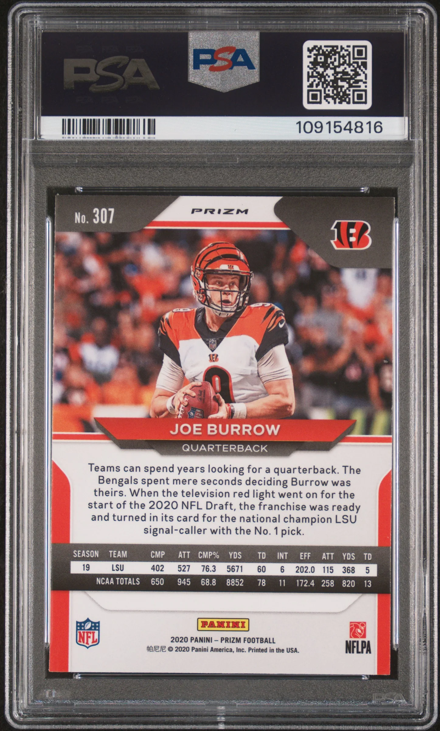 2020 Panini Prizm Silver Prizm Joe Burrow #307 RC PSA 9 - Image 2