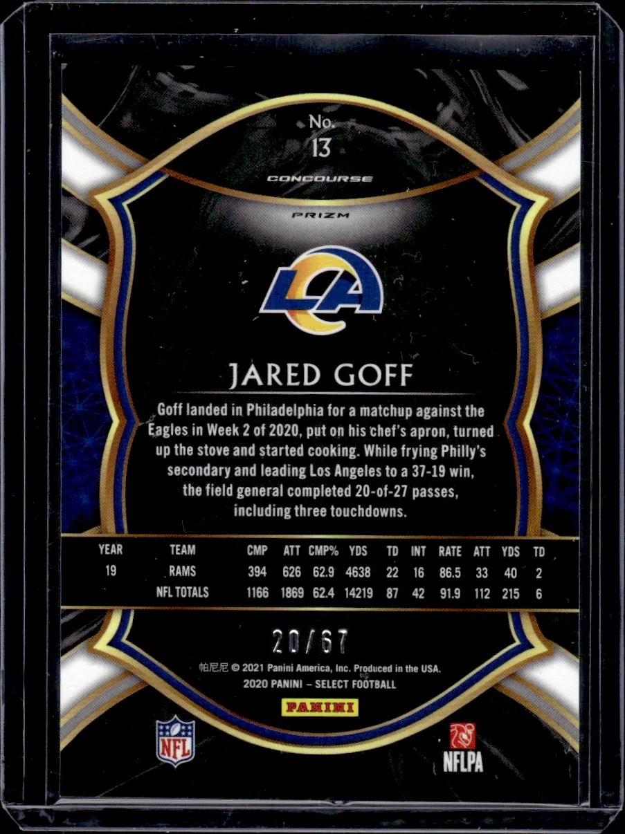 2020 Panini Select Blue Prizm Jared Goff #13 /67 - Image 2
