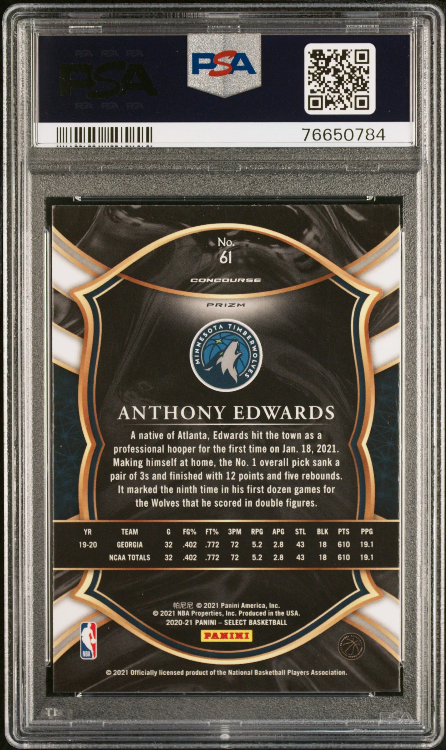 2020 Panini Select Concourse Green White Purple Prizm Anthony Edwards #61 PSA 9 - Image 2