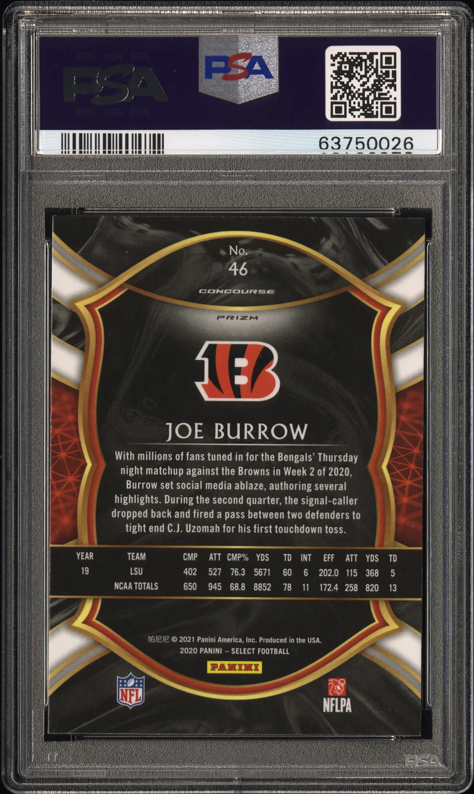 2020 Panini Select Concourse Silver Prizm Joe Burrow #46 PSA 10 - Image 2