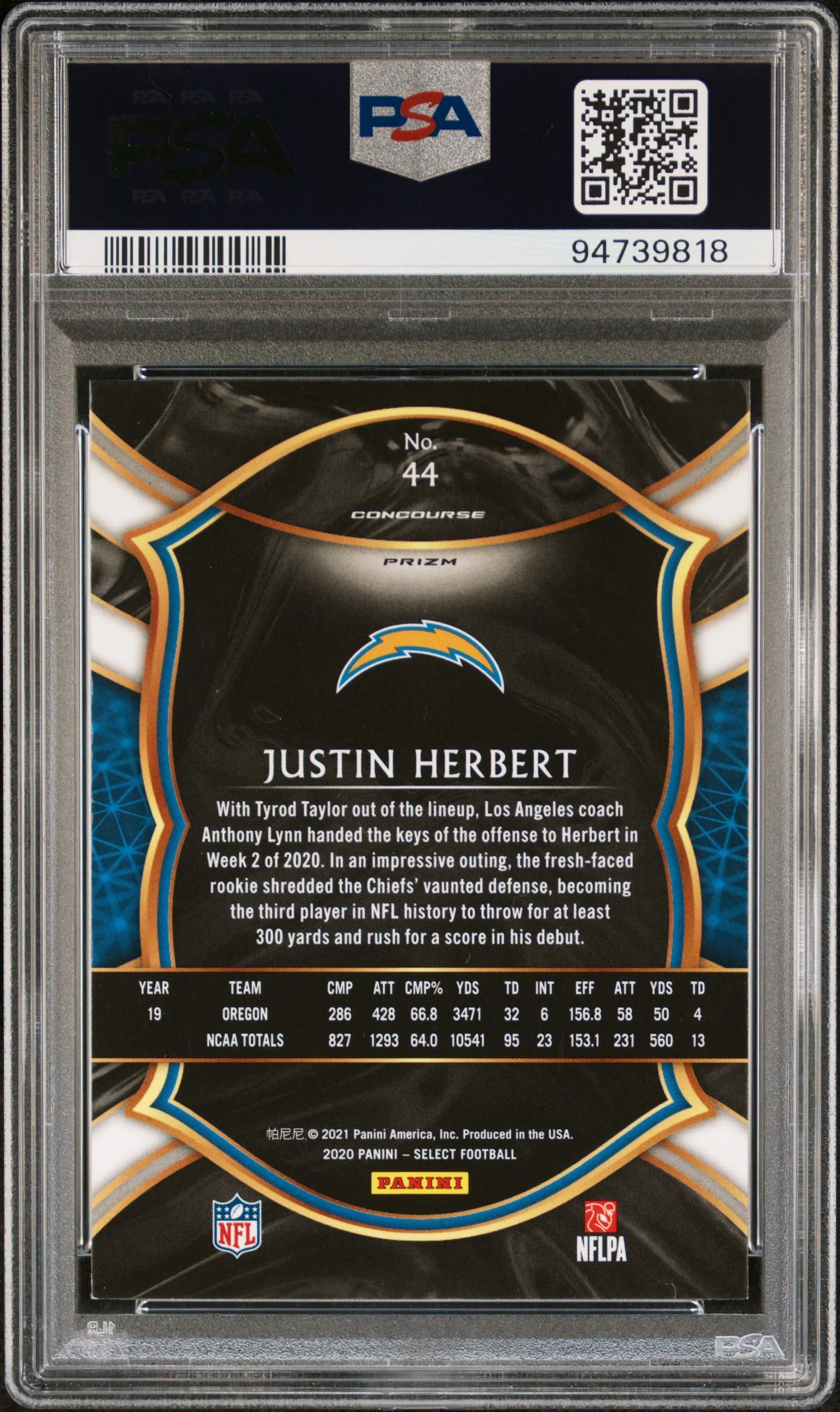 2020 Panini Select Concourse Silver Prizm Justin Herbert #44 PSA 9 - Image 2