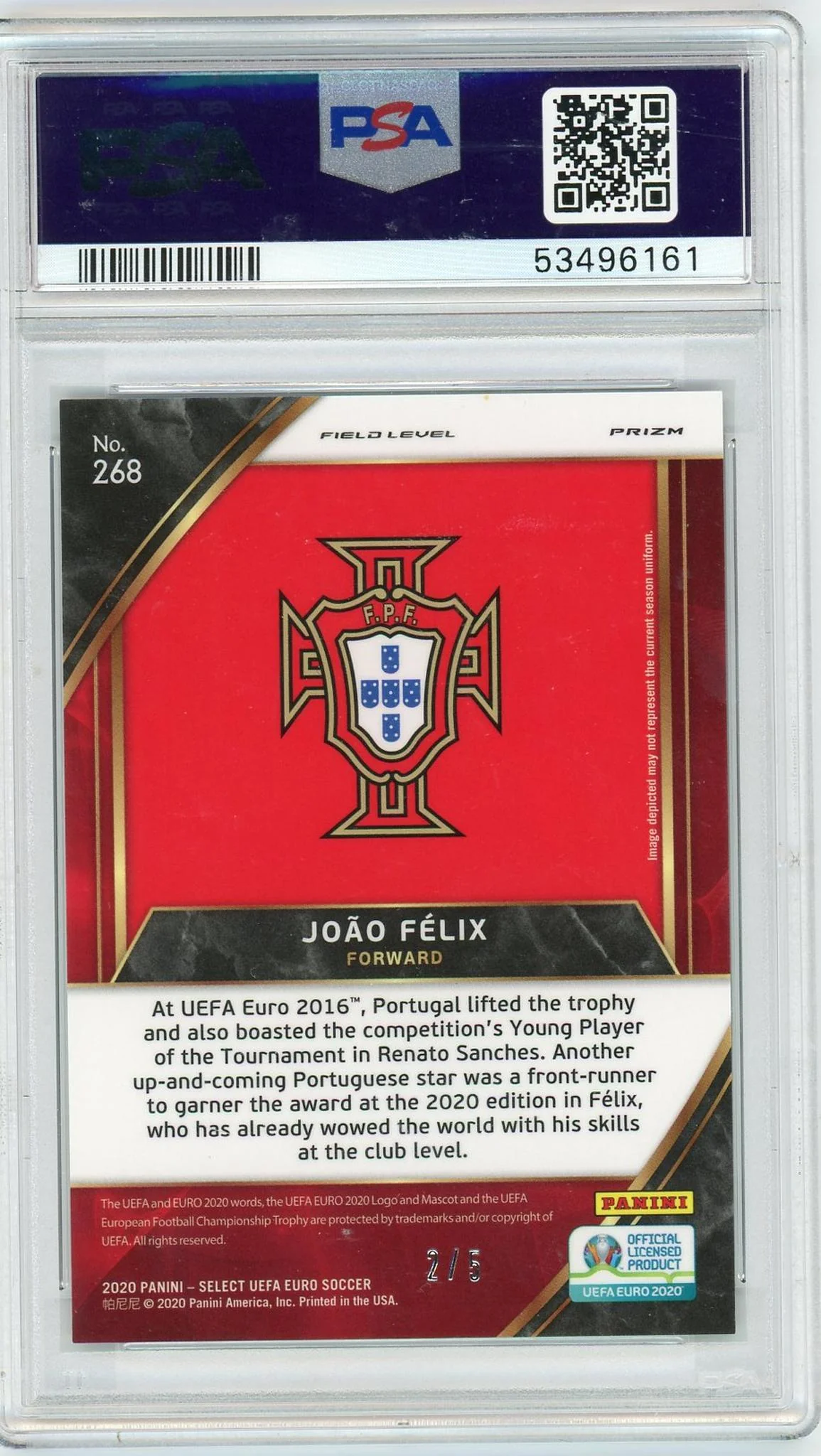 2020 Panini Select UEFA Euro Green Prizm Joao Felix #268 Field Level /5 PSA 9 - Image 2