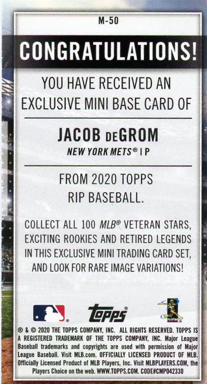 2020 Topps RIP Jacob deGrom #M-50 /10 - Image 2