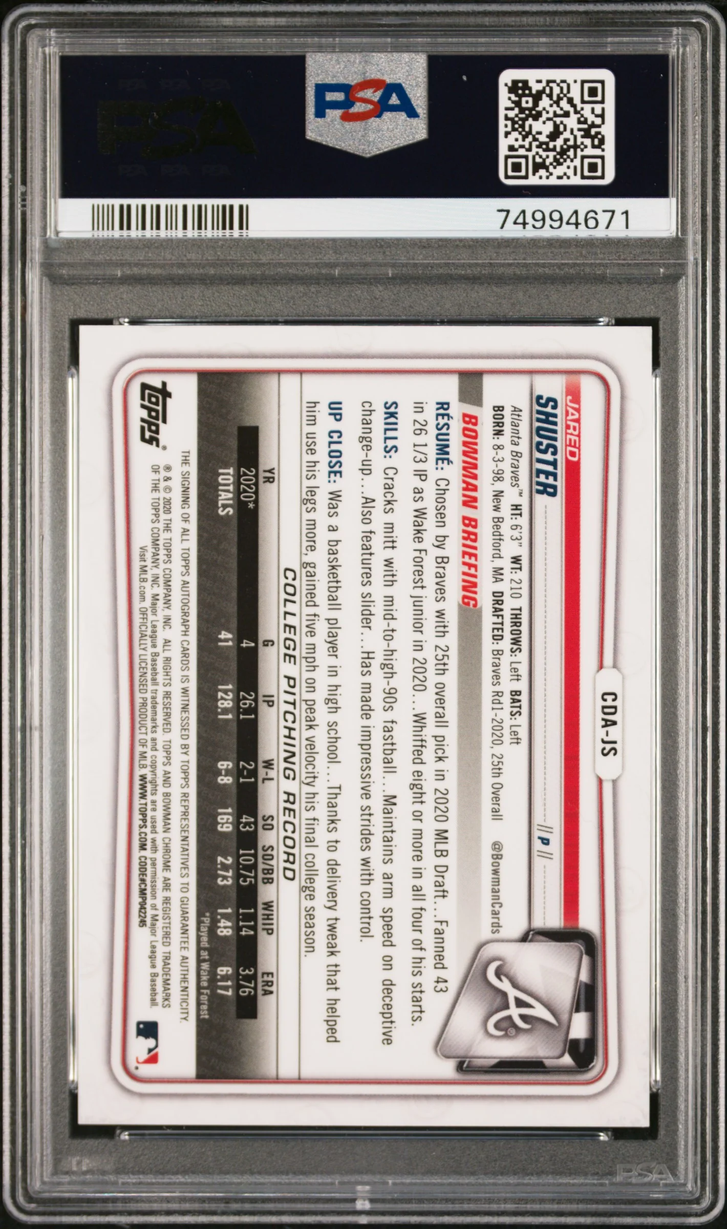 2020 Topps Bowman Draft Purple Refractor Jared Shuster #CDA-JS Auto /250 PSA 10 - Image 2
