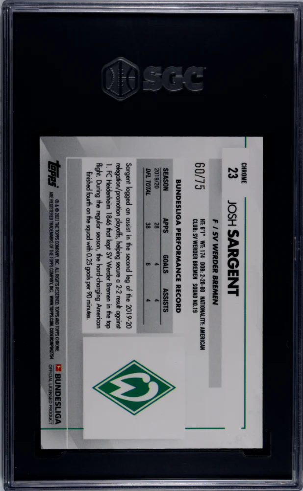 2020 Topps Chrome #23 Josh Sargent Pink Refractor SGC 9 - Image 2