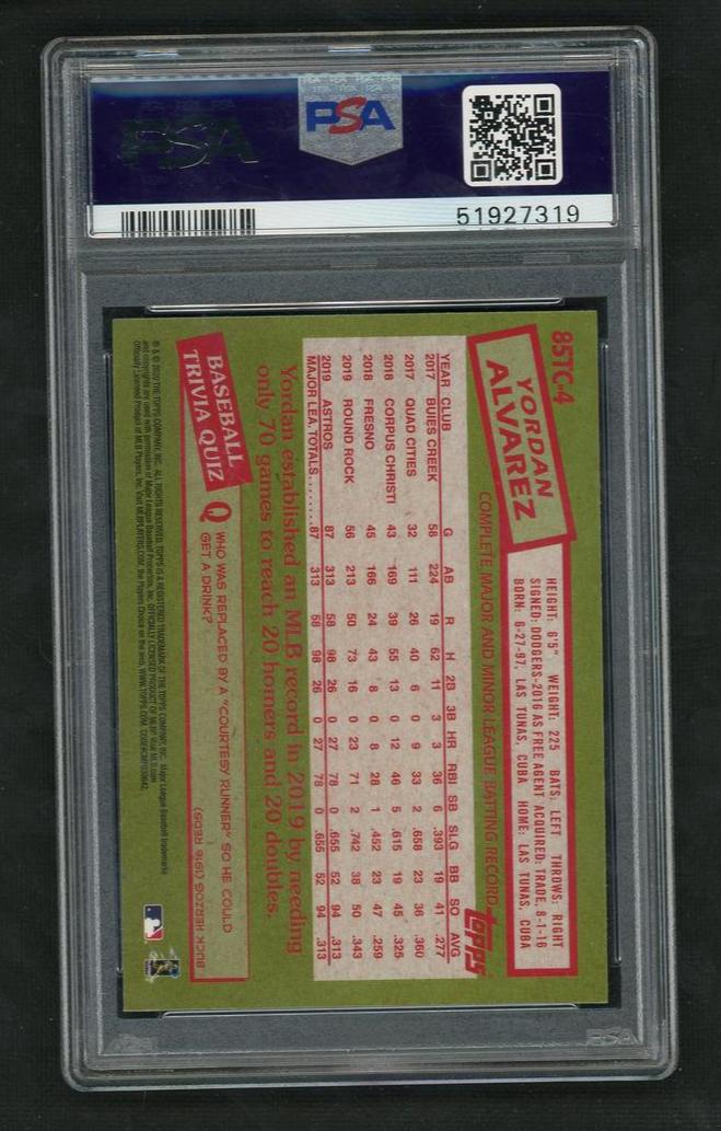 2020 Topps Chrome 85TC4 Yordan Alvarez 1985 Topps Rookie PSA 10 Gem Mint Houston Astros - Image 2