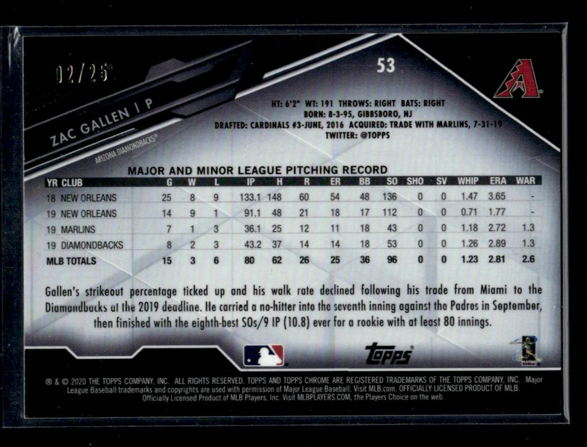 2020 Topps Chrome Black Zac Gallen #53 RC /25 - Image 2