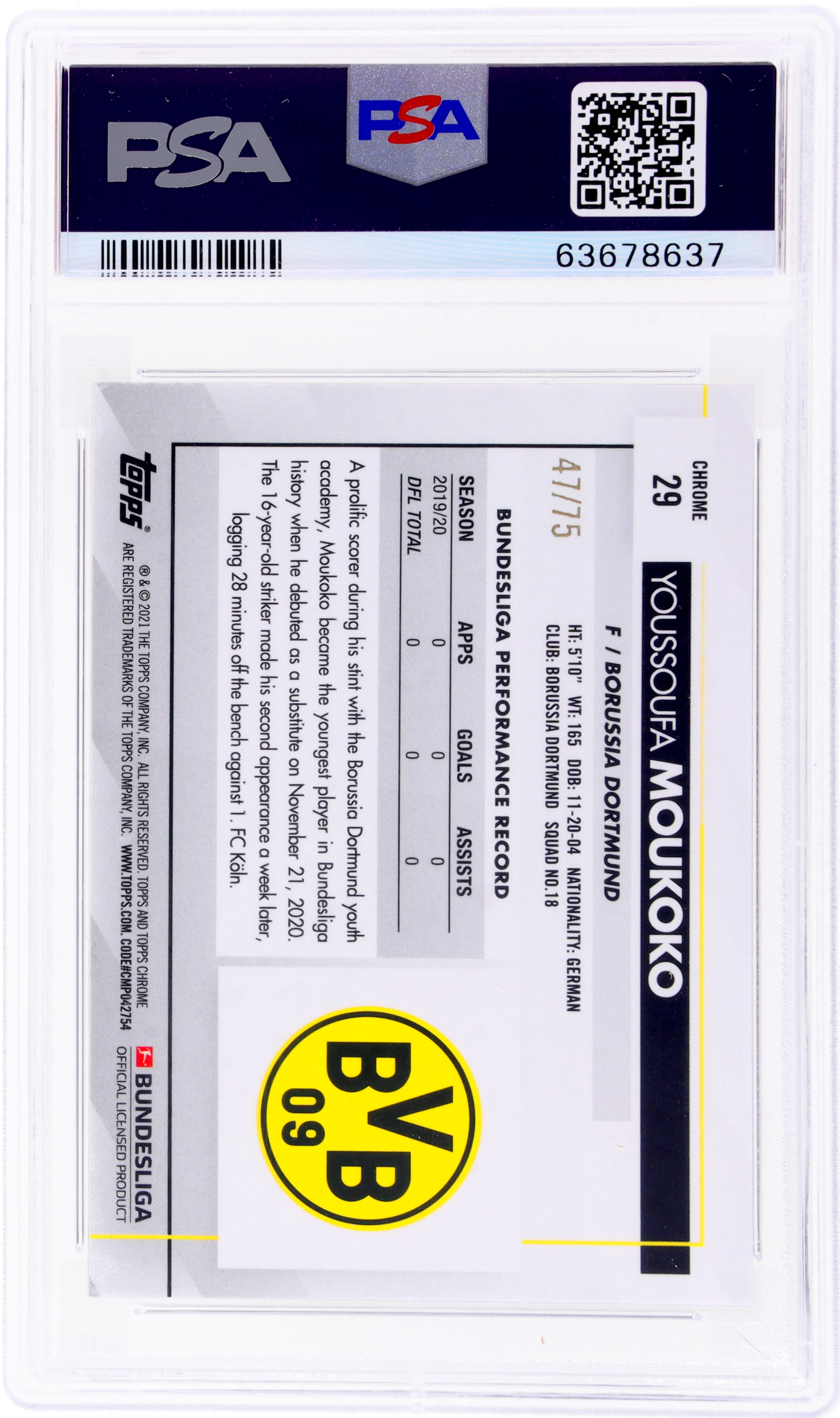2020 Topps Chrome Pink Refractor Youssoufa Moukoko #29 RC /75 PSA 10 - Image 2