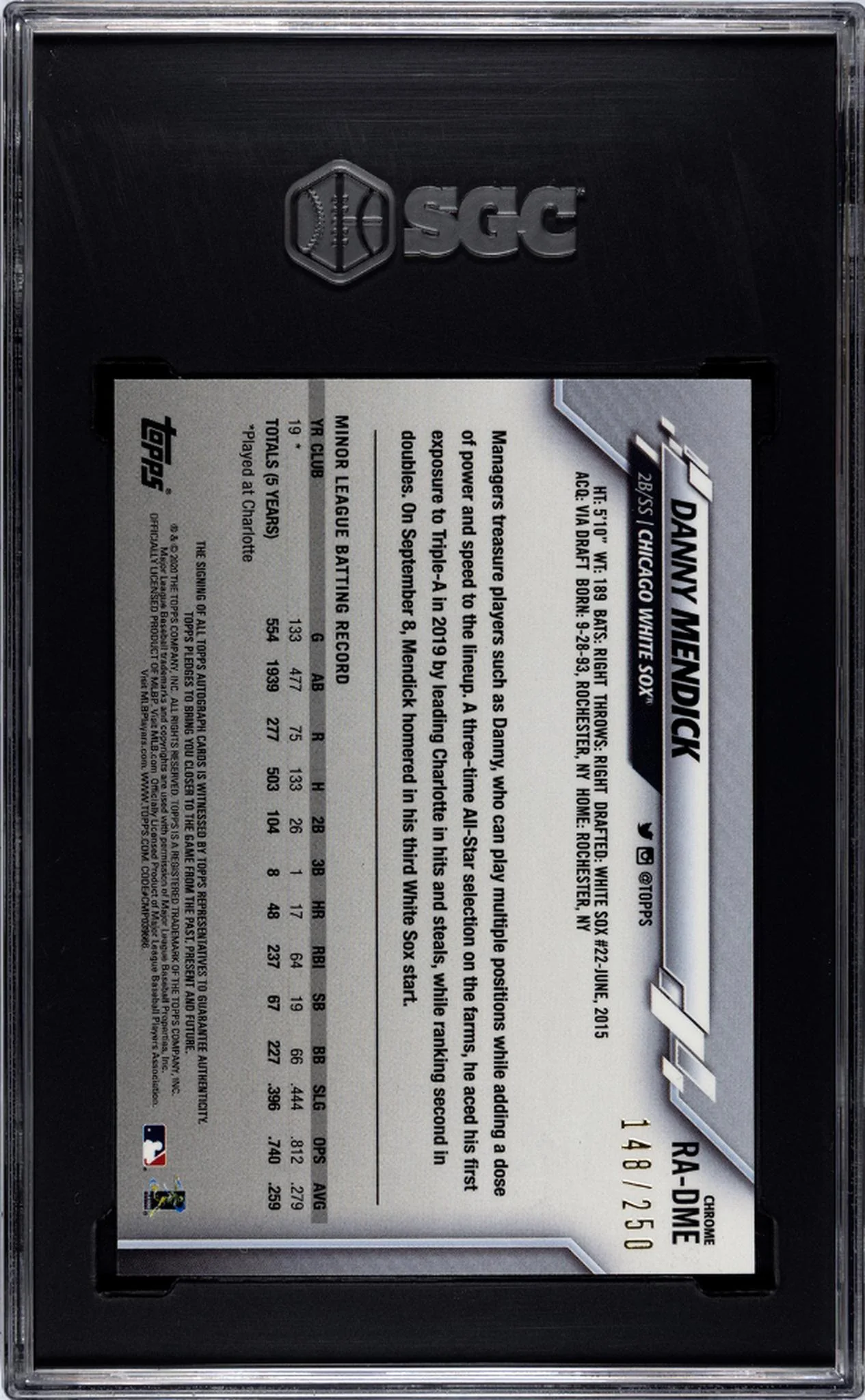 2020 Topps Chrome Purple Refractor Danny Mendick #RA-DME RC Auto /250 SGC 9 Auto 10 - Image 2