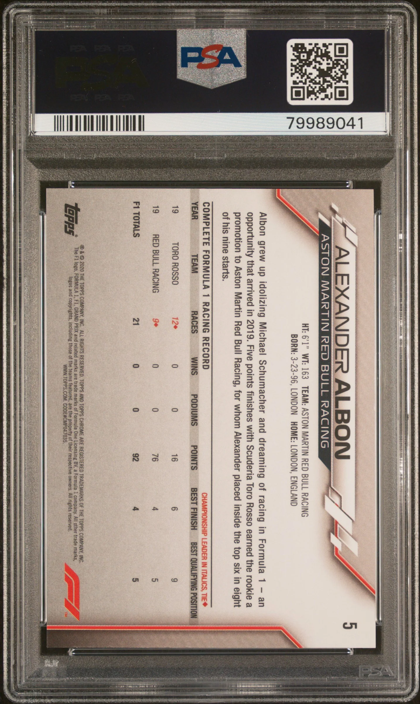 2020 Topps Chrome Sapphire Formula 1 Sitting Variation Alex Albon #5 PSA 9 - Image 2