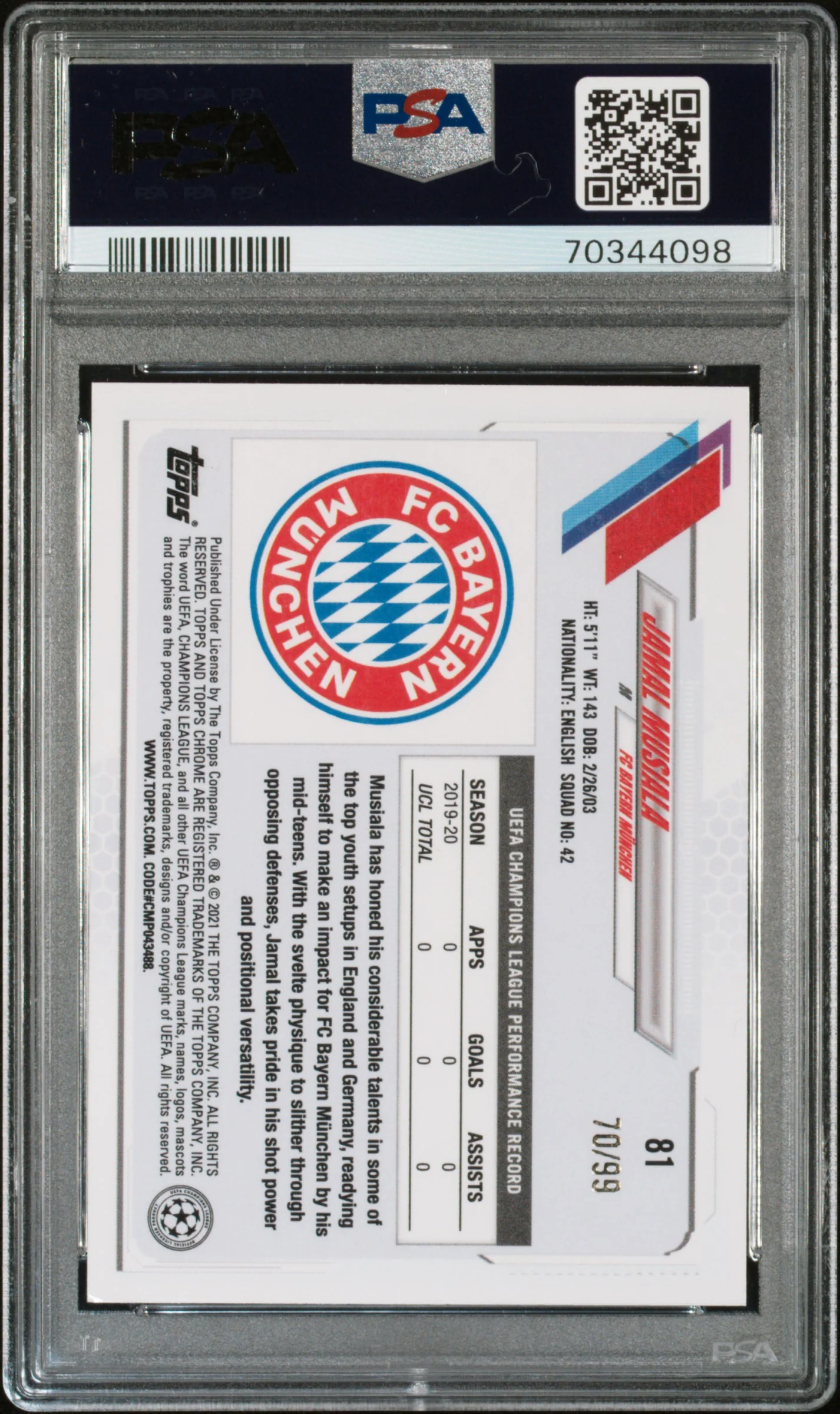 2020 Topps Chrome UEFA Champions League Neon Green Refractor Jamal Musiala #81 /99 PSA 8 - Image 2