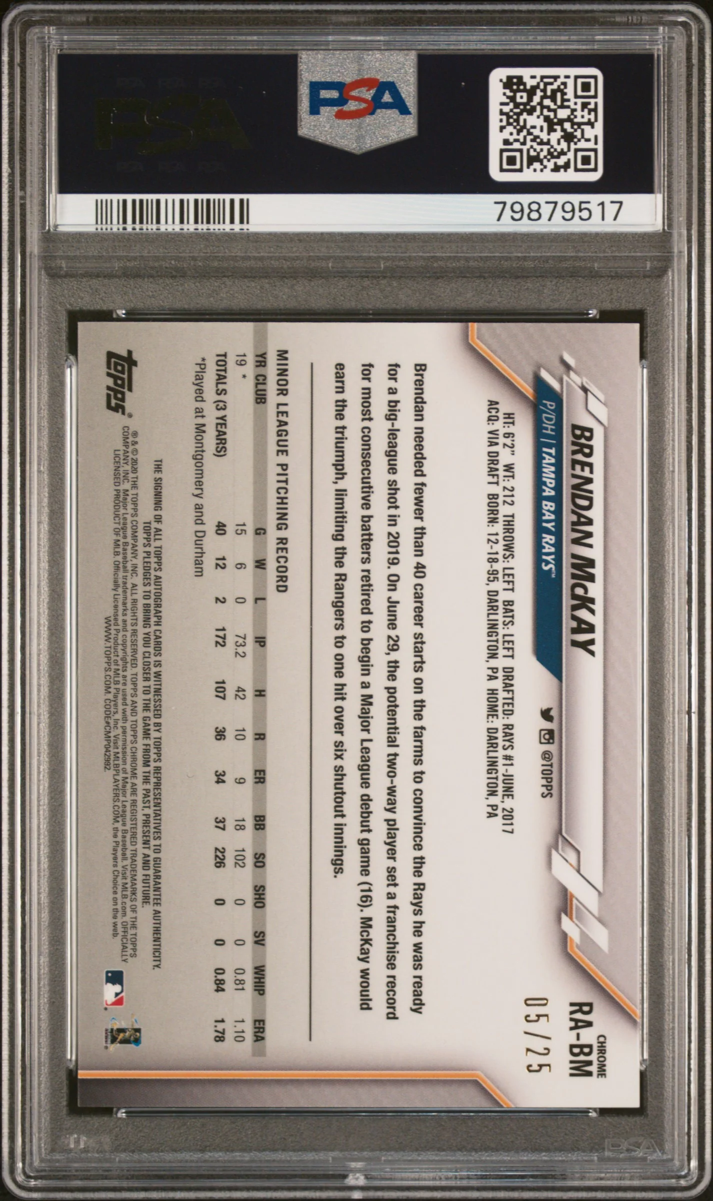 2020 Topps Chrome Update Sapphire Orange Brendan McKay #RA-BM RC Auto /25 PSA 9 - Image 2