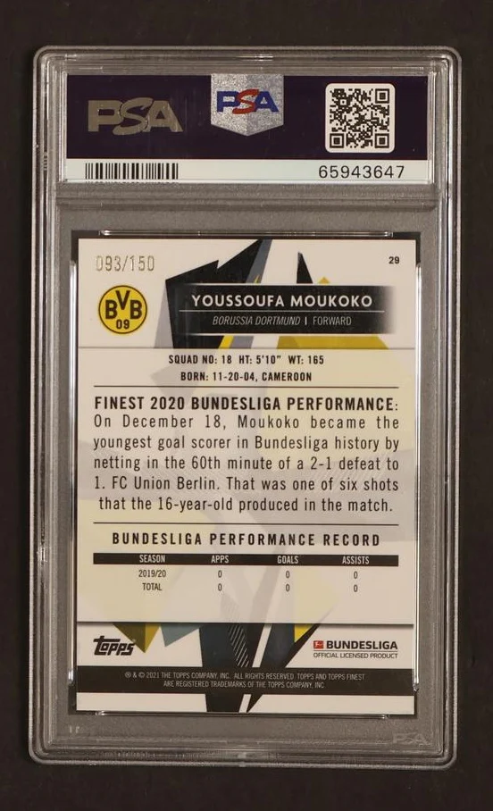 2020 Topps Finest Bundesliga Blue Wave Refractor Youssoufa Moukoko #29 /150 PSA 10 - Image 2