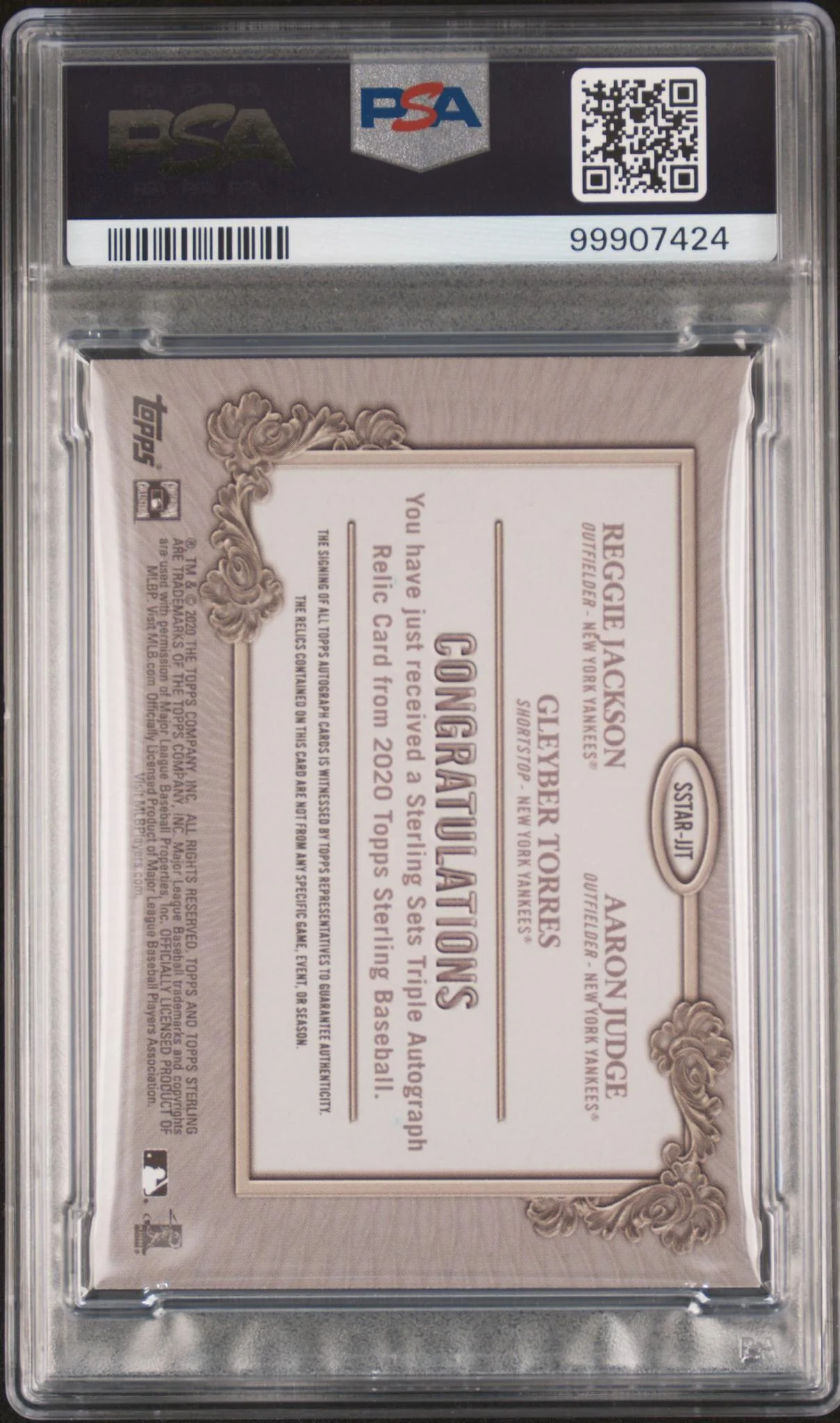 2020 Topps Sterling Sets Triple Autograph Relics Aaron Judge/Gleyber Torres/Reggie Jackson #JJT PSA 8 - Image 2
