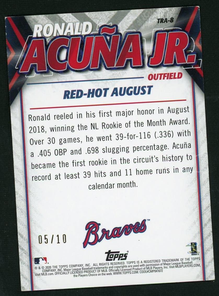 2020 Topps TRA-8 Ronald Acuña Jr. Red-Hot August /10 Braves - Image 2