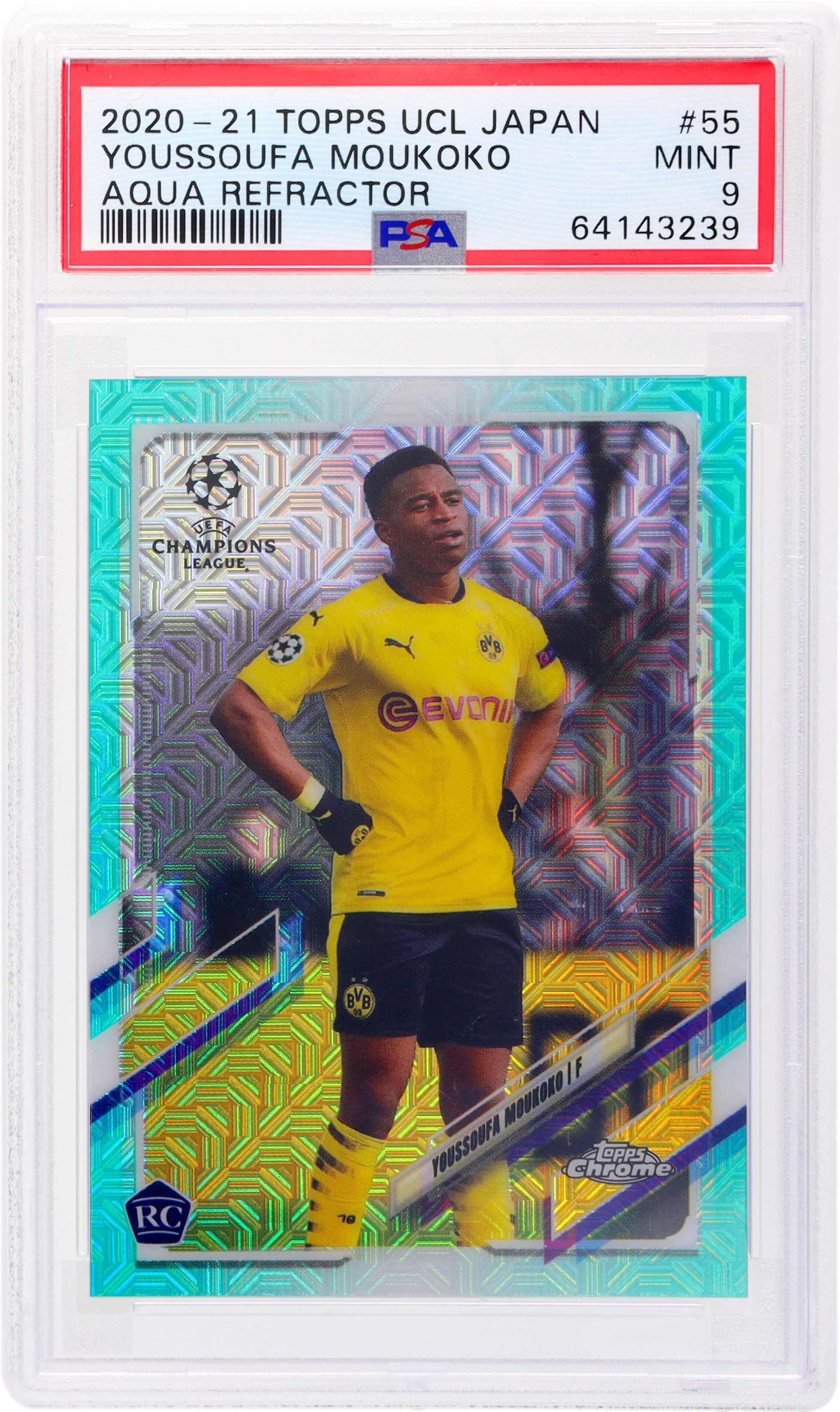 2020 Topps UCL Aqua Refractor Youssoufa Moukoko #55 RC /199 PSA 9