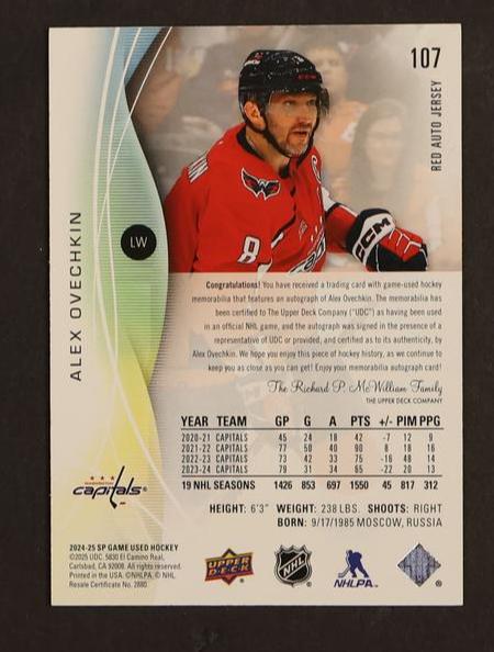 2024 Upper Deck SP Game Used #107 Alex Ovechkin Patch Auto /15 - Image 2