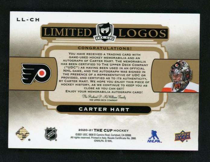 2020 Upper Deck The Cup LL-CH Carter Hart Limited Logos /50 VG Philadelphia Flyers Auto - Image 2