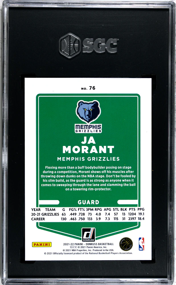 2021-22 Donruss #76 Ja Morant Holo Purple Laser /99 SGC 10 - Image 2