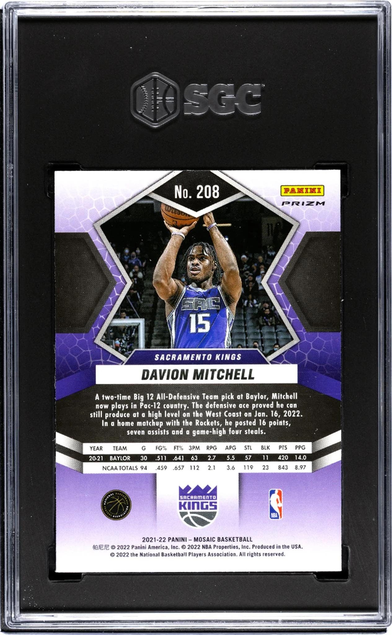 2021-22 Panini Mosaic #208 Davion Mitchell 75th Anniversary Prizm SGC 9.5 - Image 2
