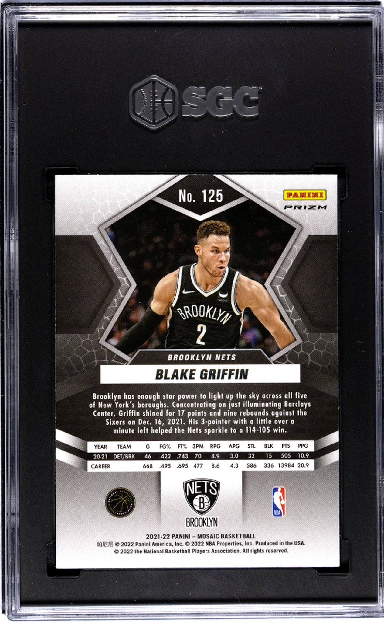 2021-22 Panini Mosaic Silver Fast Break Prizm Blake Griffin #125 SGC 9.5 - Image 2