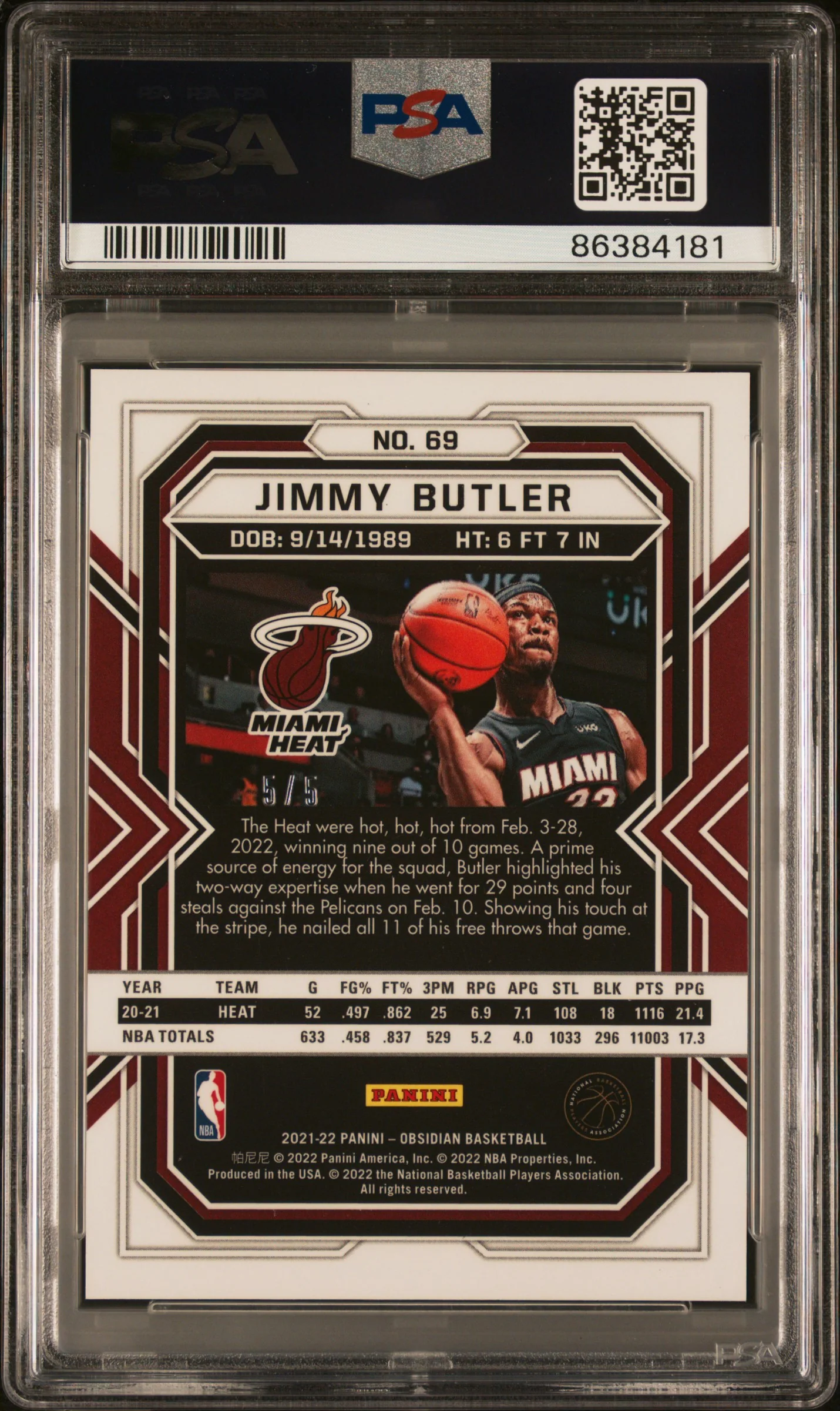 2021-22 Panini Obsidian Electric Etch Red Jimmy Butler #69 /5 PSA 9 - Image 2